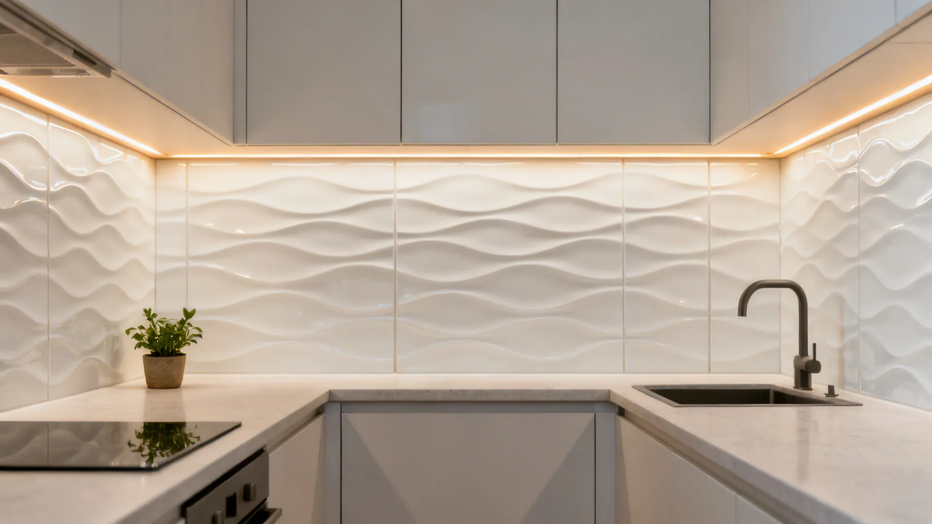 Backsplash with Wave Tiles or 3D Ripple Panels