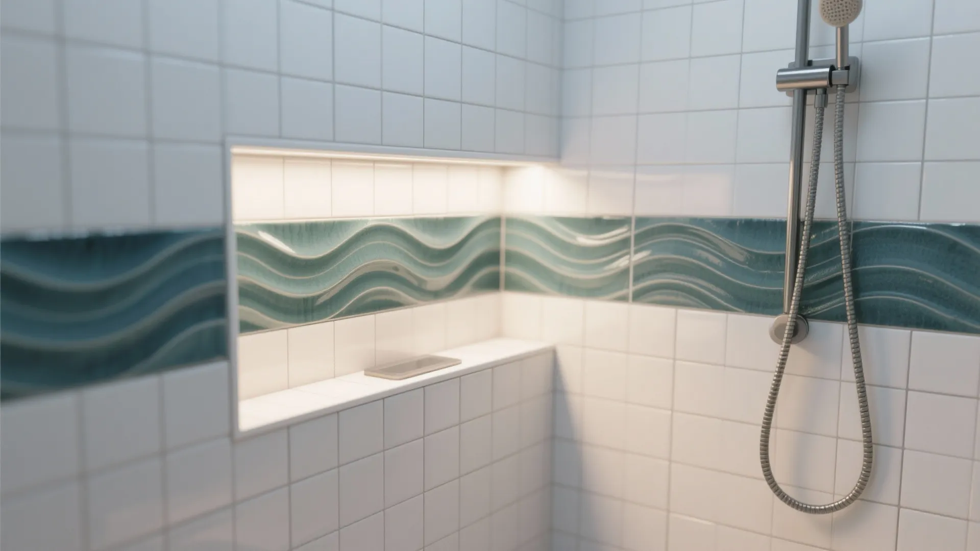 Close up shower wall with white square tiles and a decorative green wave tile border
