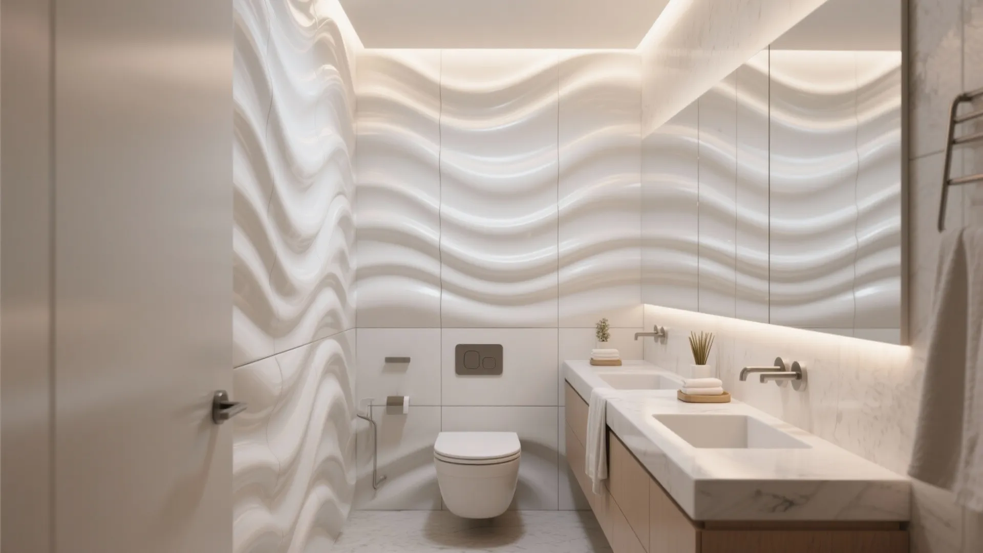 Compact bathroom with white wave-inspired 3D wall panels