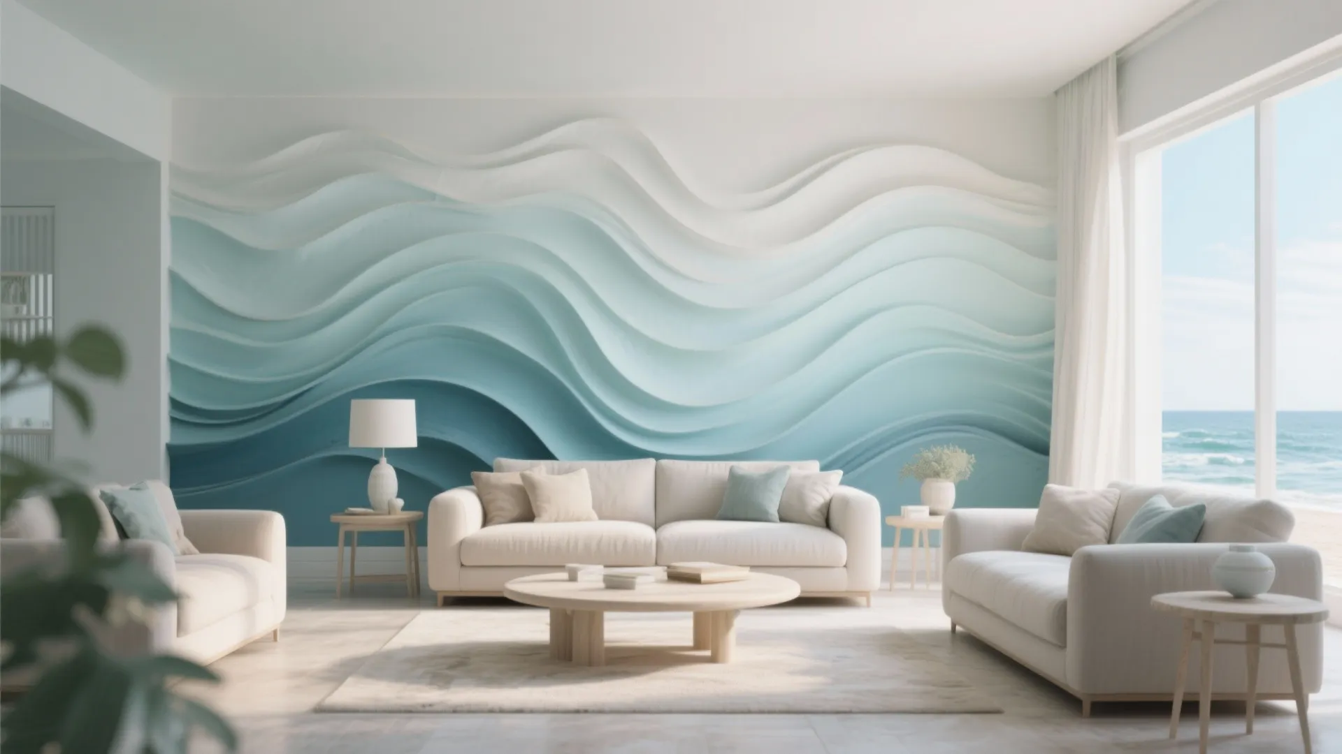 Living room with blue wave wall panel behind a white sofa near a large window