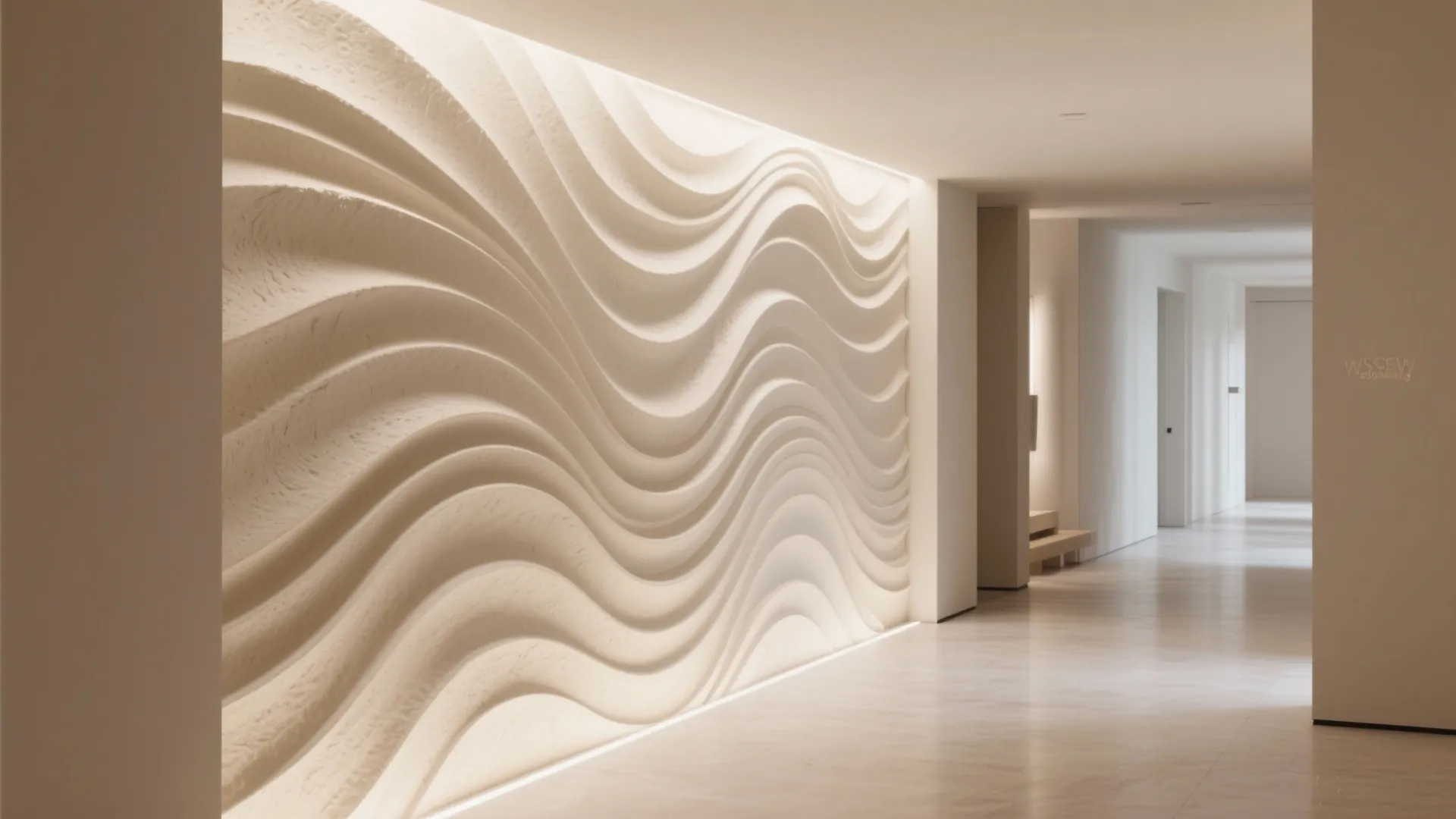 Modern hallway featuring a white wave textured wall panel with integrated lighting and a bright floor