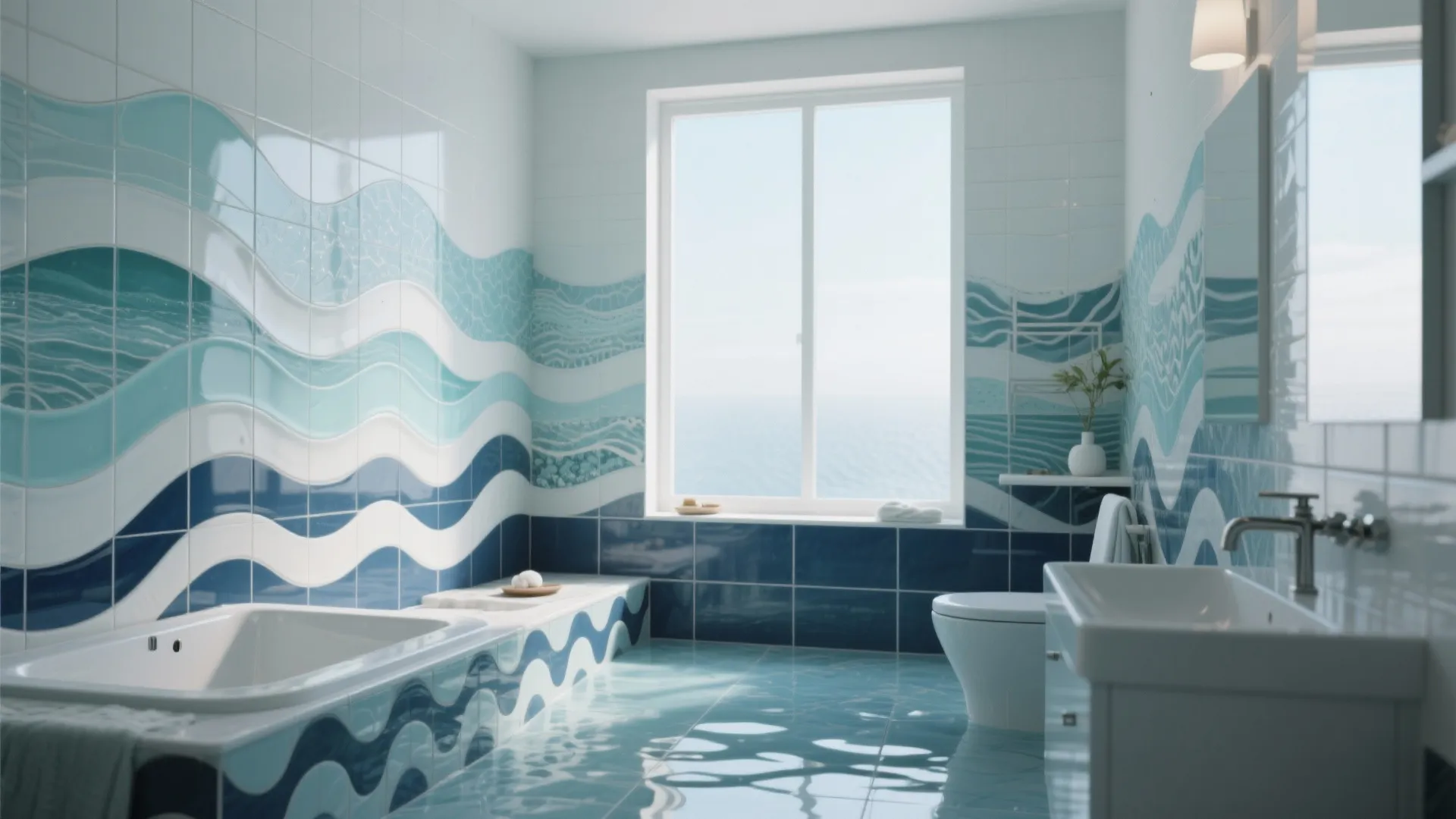 Modern bathroom with blue wave tiles on walls bathtub toilet white sink and bright window