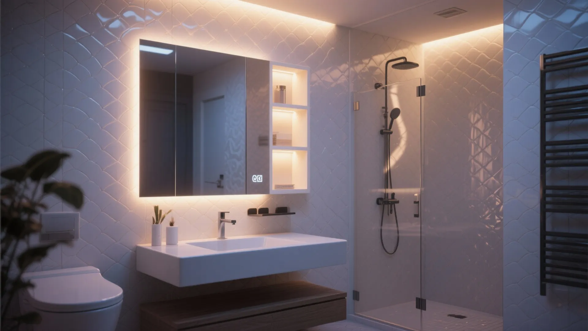 Modern bathroom with backlit mirror white sink glass shower and wavy patterned wall tile design