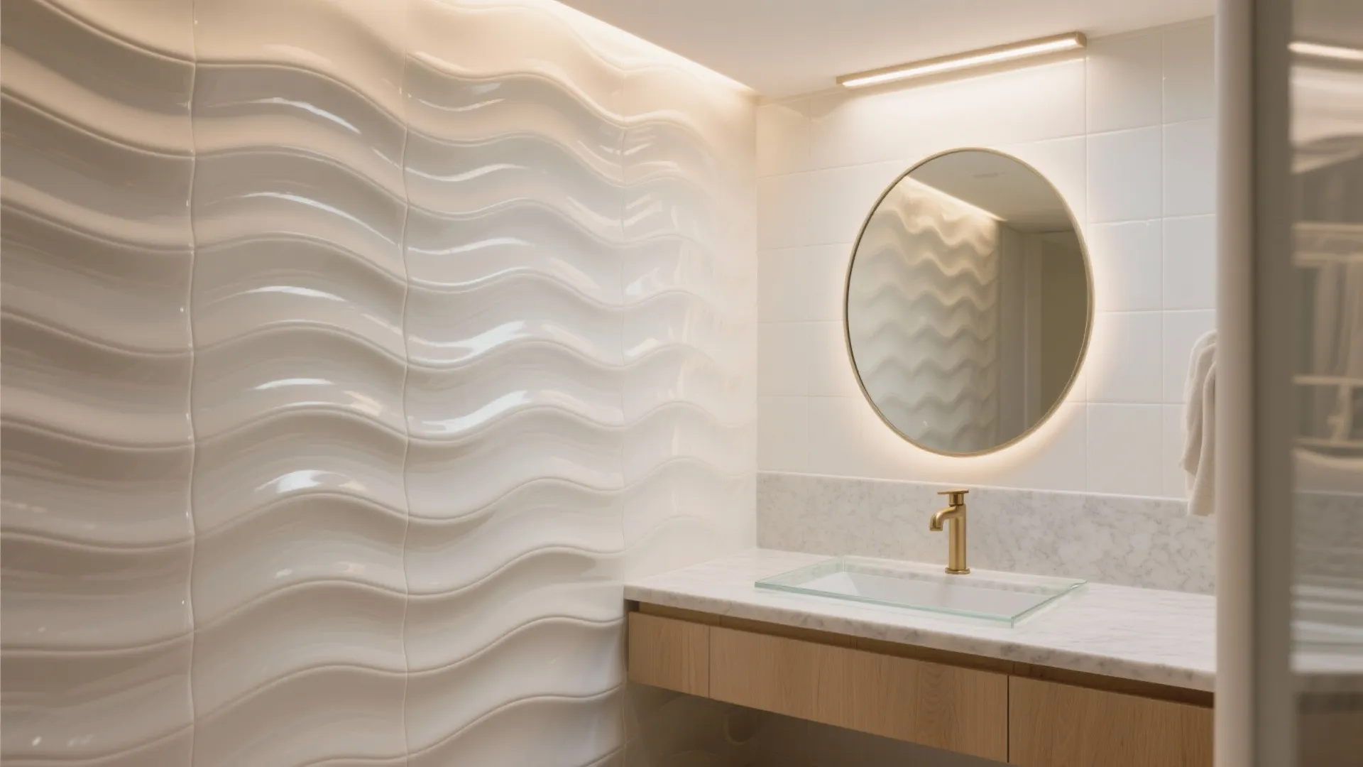 Sculpted Wave Tiles with Wall-Washer Lighting