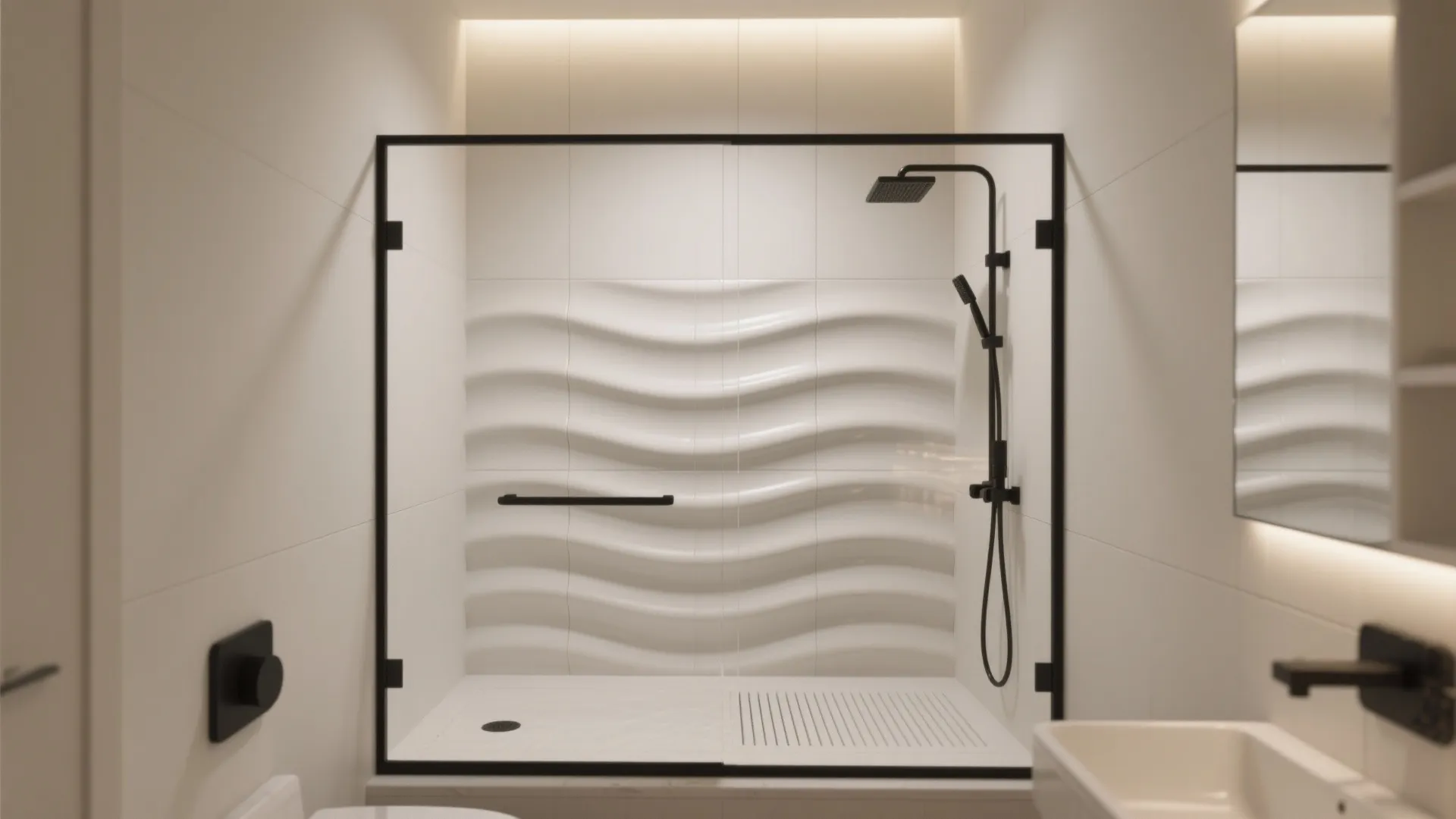 Modern shower space with white wave wall tiles black frame glass door and black shower fixtures