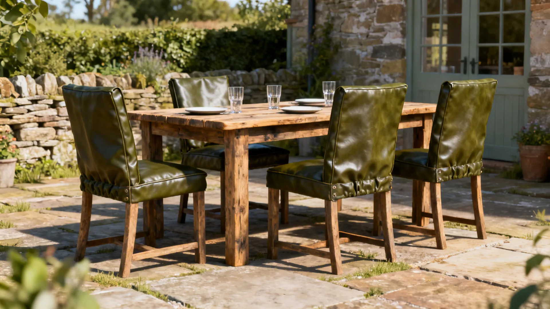 Dining chairs upholstered in deep olive waxed cotton around a rustic table in bright daylight.