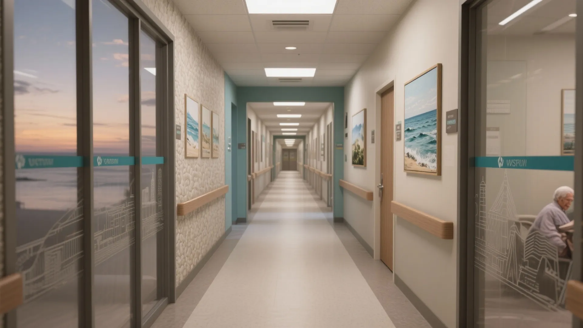 Long brightly lit medical building hallway with handrails and framed beach art on the walls