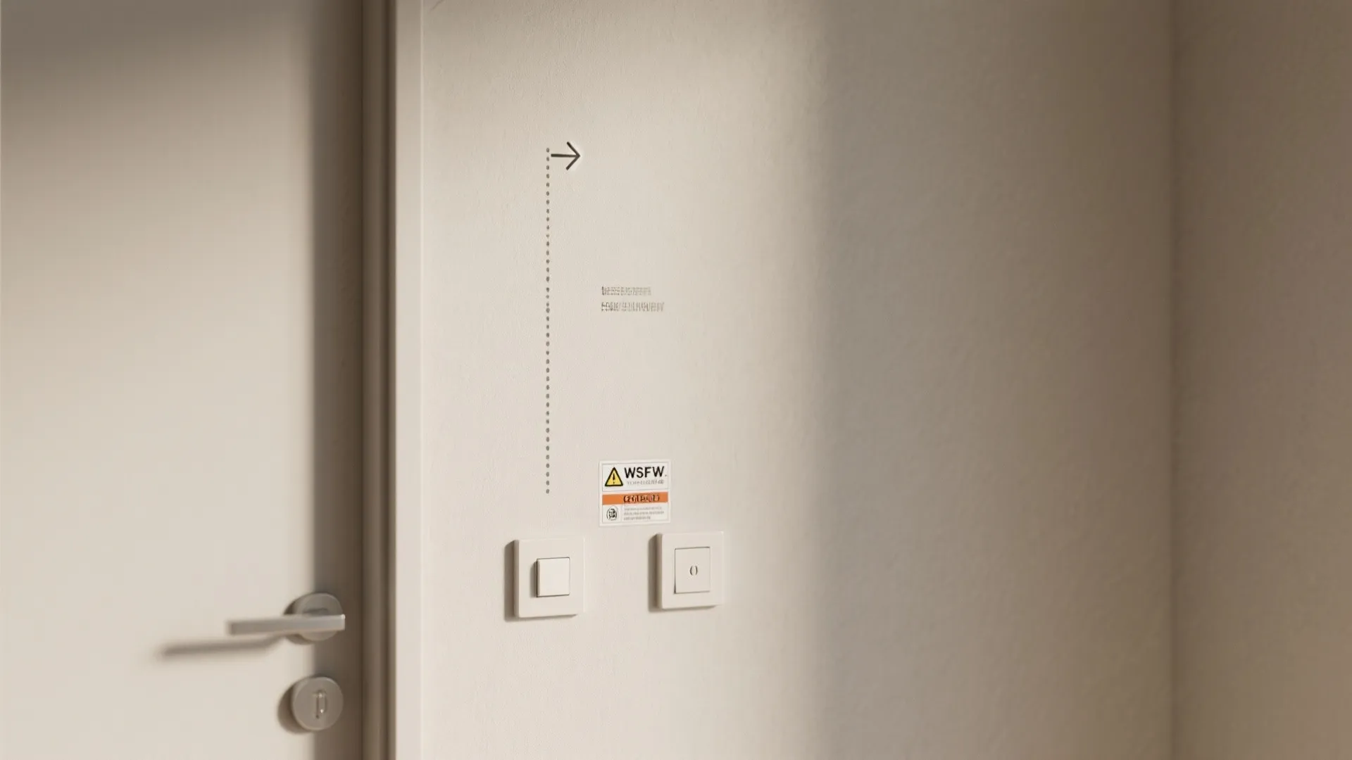 White wall with directional arrow icon and small warning label positioned above two light switches