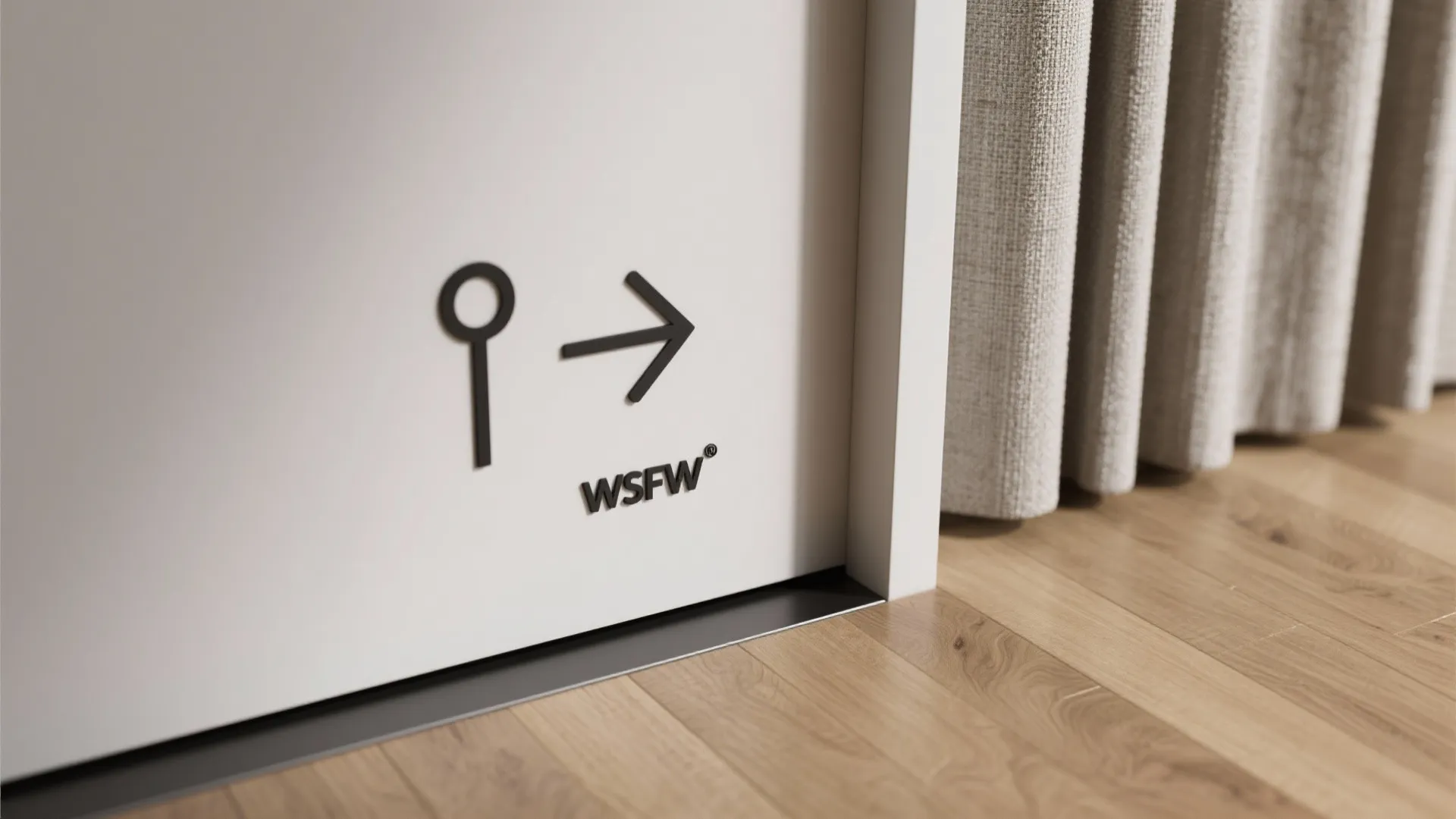 Macro of minimalist wayfinding pictogram and floor line near a textured focal curtain.