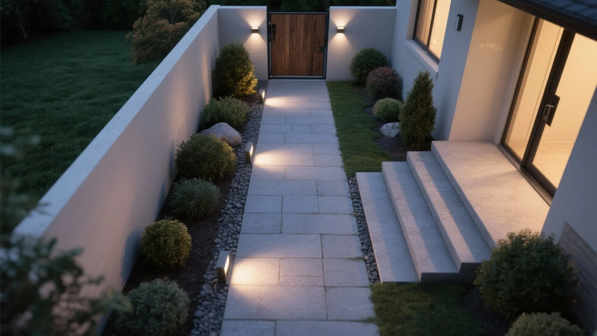 Top-down view of a narrow path with alternating warm path lights and recessed step lighting for safe wayfinding.