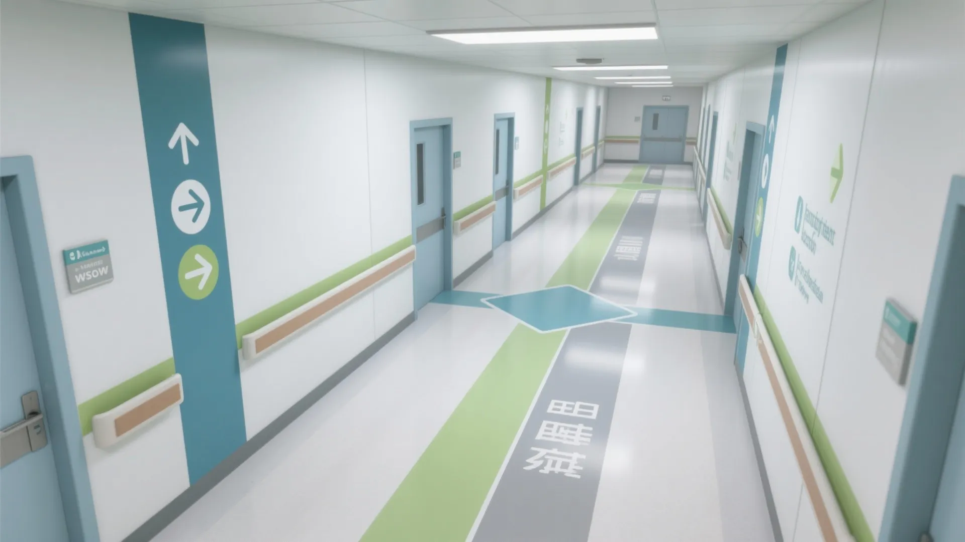 White hospital hallway with blue doors and green arrow signs on the floor and walls