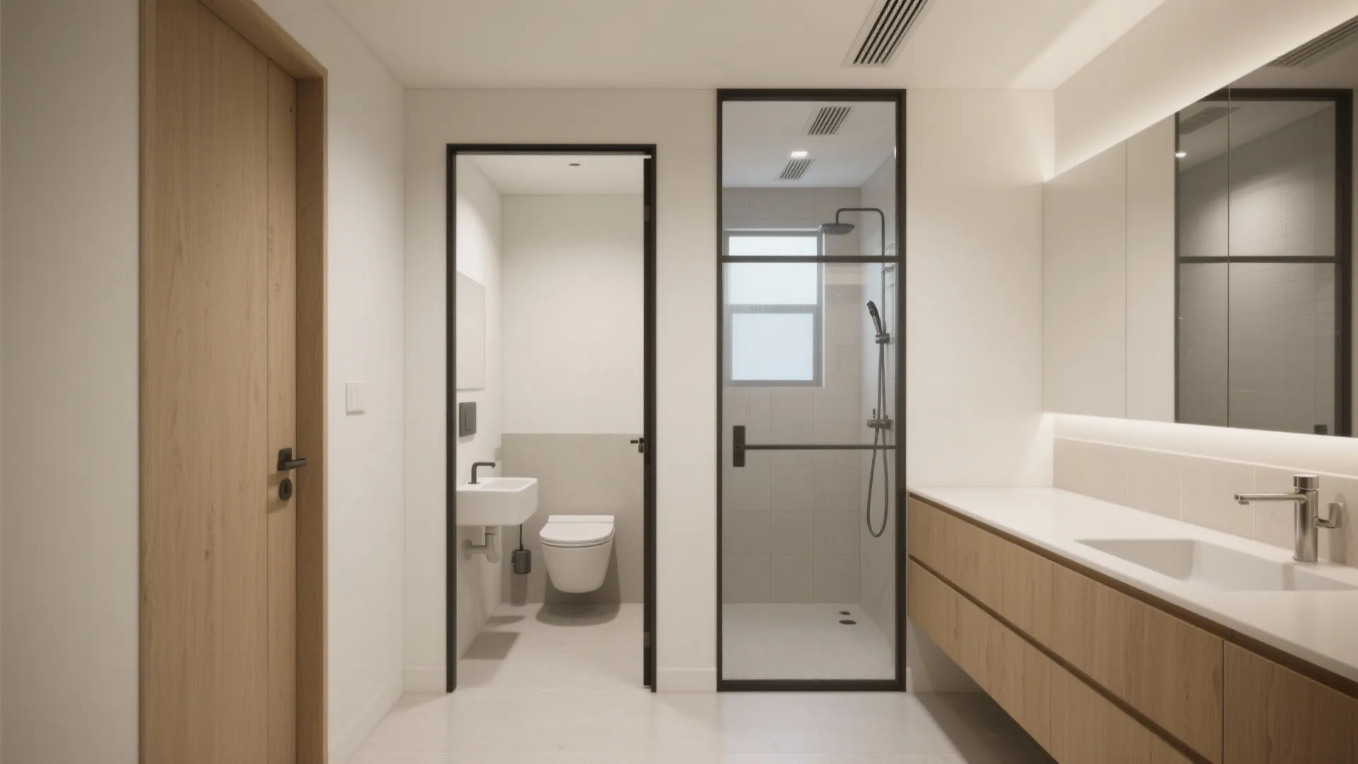 Clean bathroom layout with separate toilet area glass shower door wooden cabinet and large wall mirror