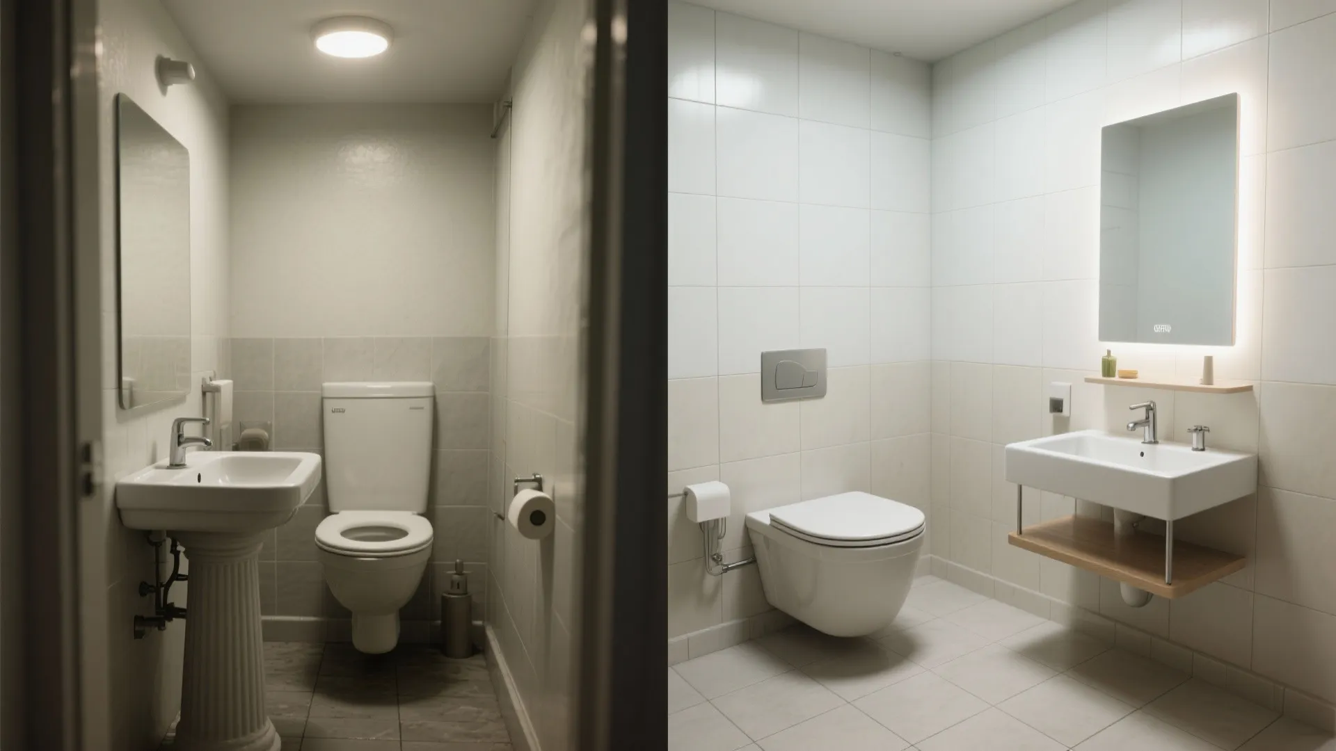 Before-and-after of a tiny WC from bulky fixtures to bright wall-hung and slim vanity.