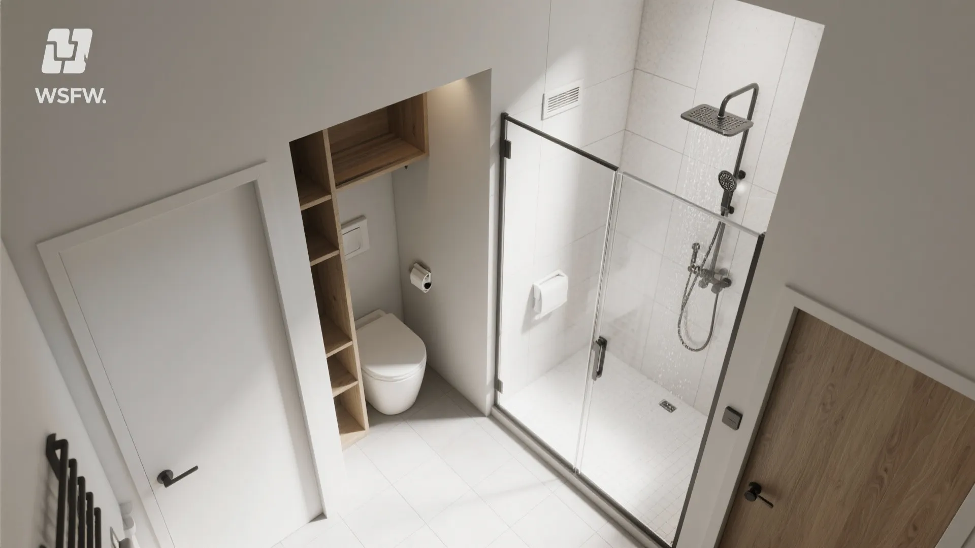 Top-down view showing separate WC with exhaust and bright wet zone with its own fan; clear circulation.