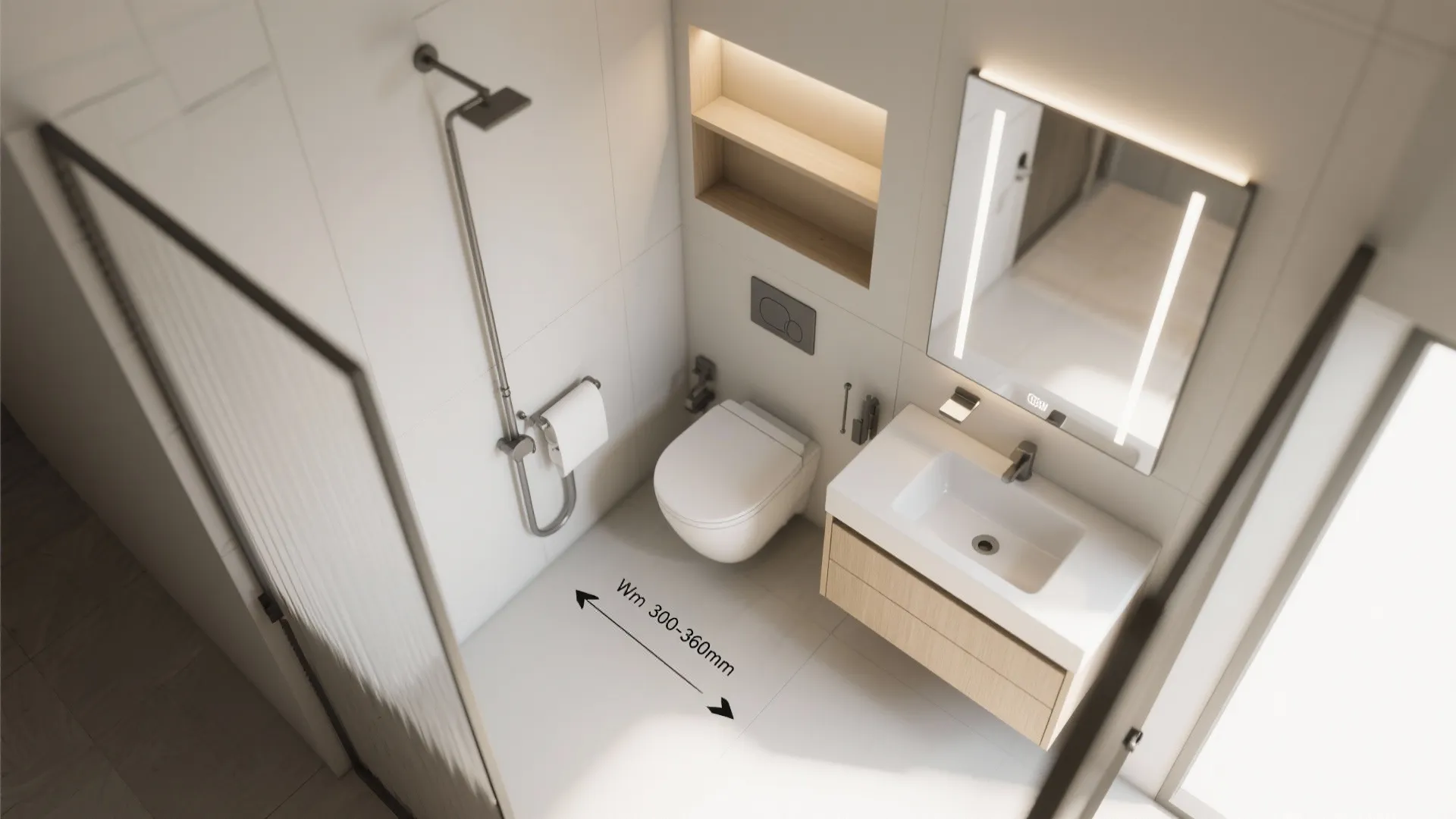Top-down WC plan showing wall-hung toilet, slim vanity, backlit mirror, and niche storage.