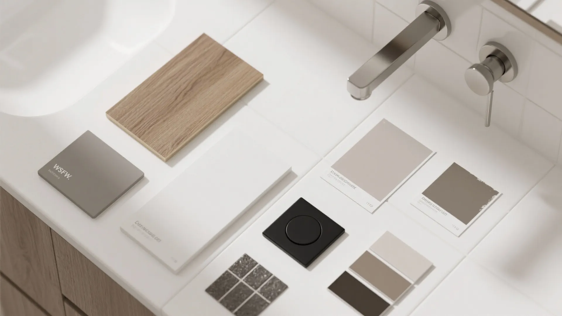 Flat lay of soft white tile, oak-look veneer, brushed metal tap, and paint chips.