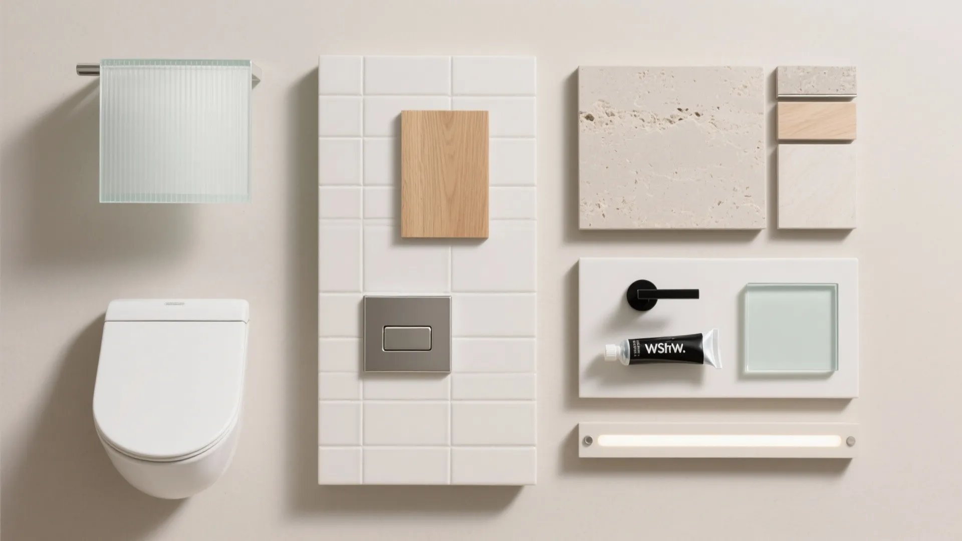 Top-down flatlay of bathroom materials: porcelain tile, frosted glass, oak wood, chrome flush plate, and matte black accessories.