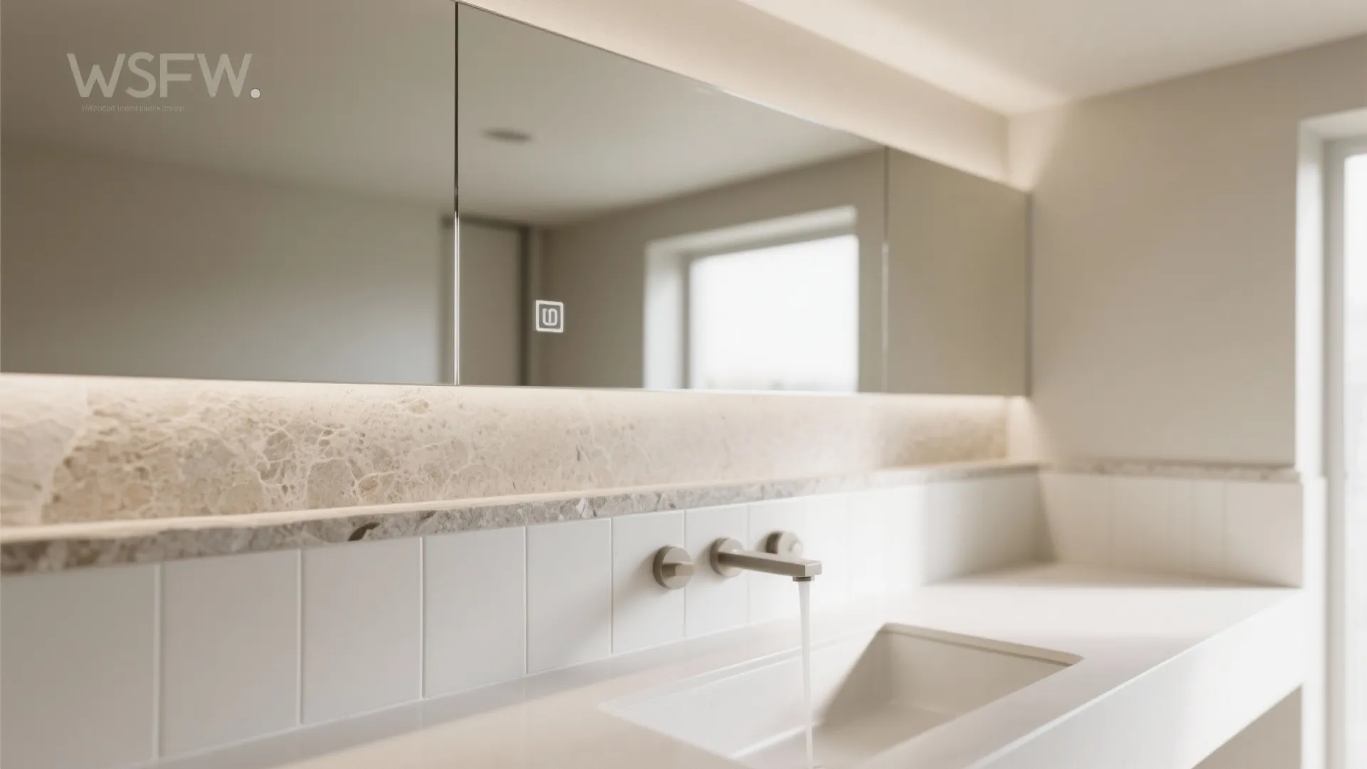 2) Big mirror, light finishes, and reflective texture