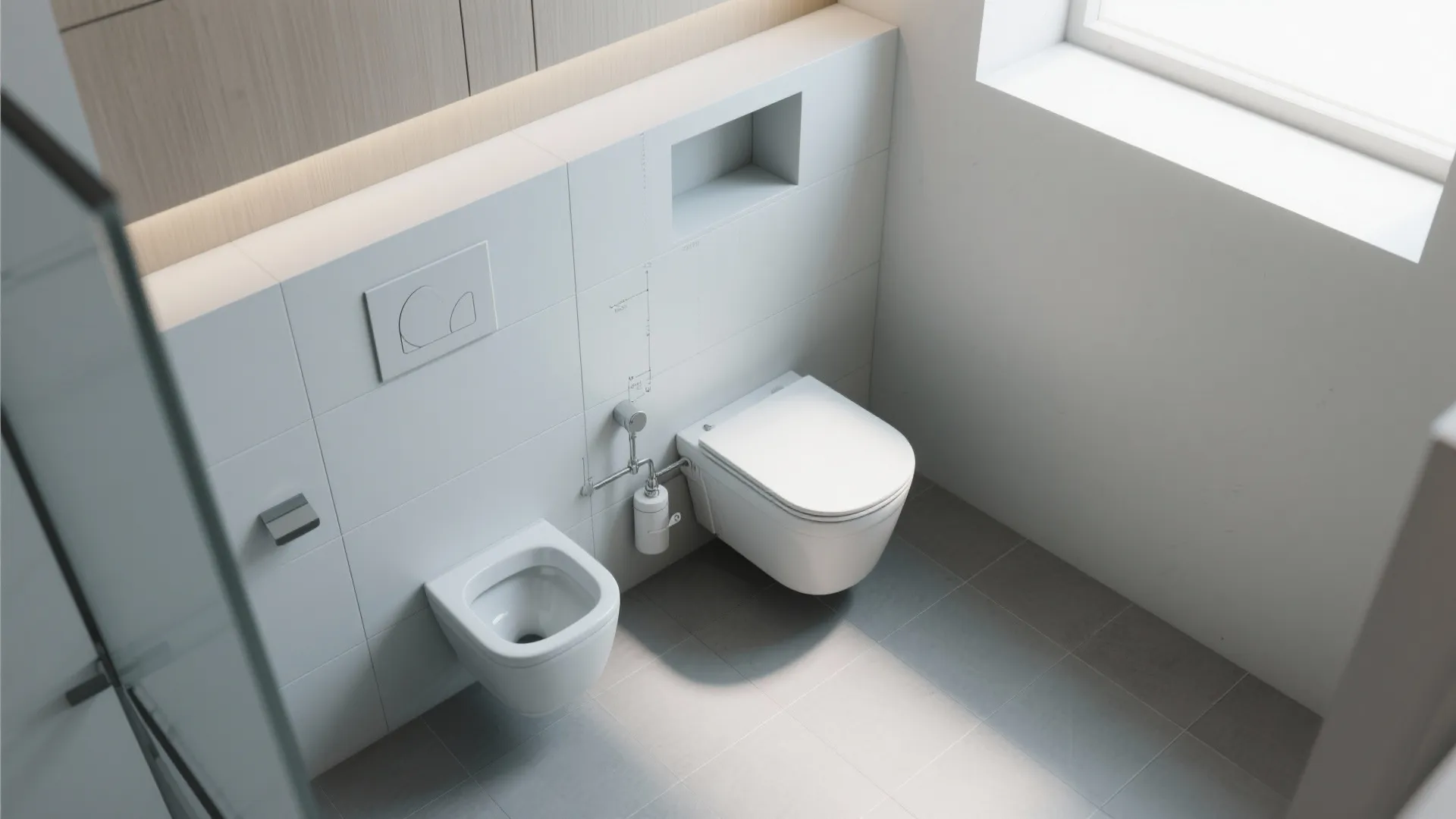 Top-down view showing wall-hung toilet layout with concealed cistern and niche.