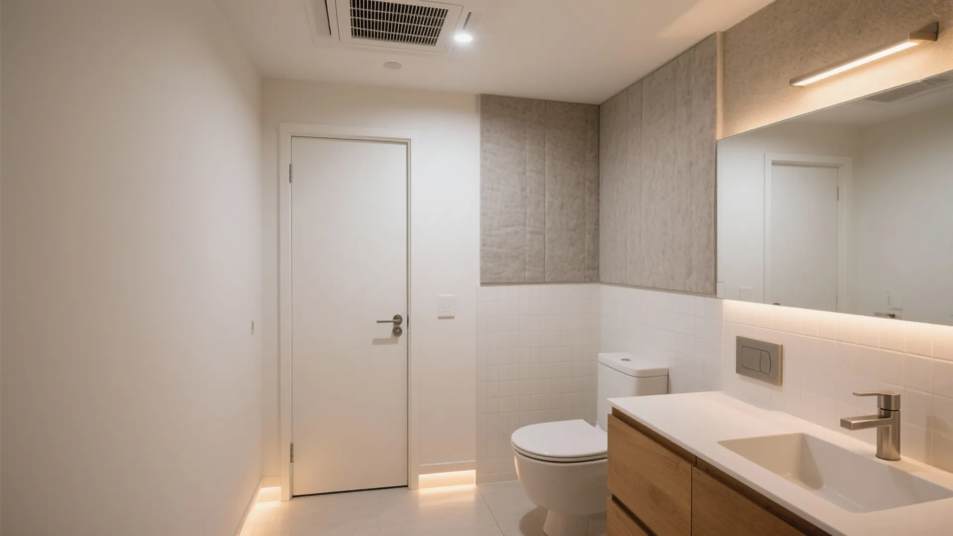 Modern bathroom featuring white toilet wooden cabinet mirror with light fixture and white tiled wall decor