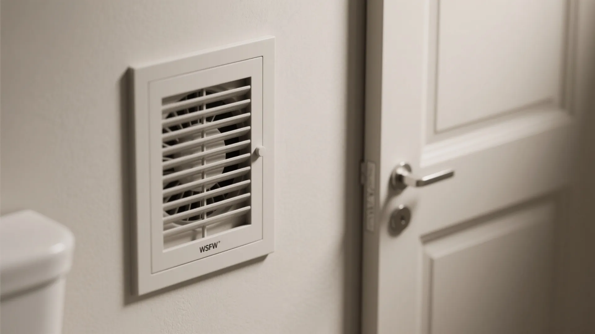 Macro detail of an exhaust fan grille with damper and door sweep seal in a WC.