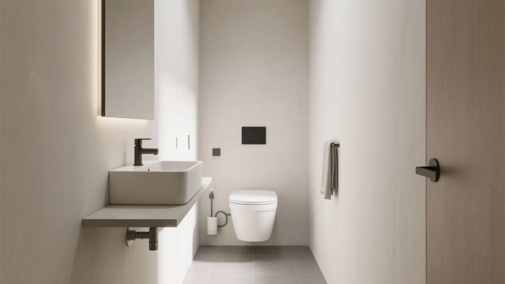 1) Wall-mounted fixtures and a slimline vanity