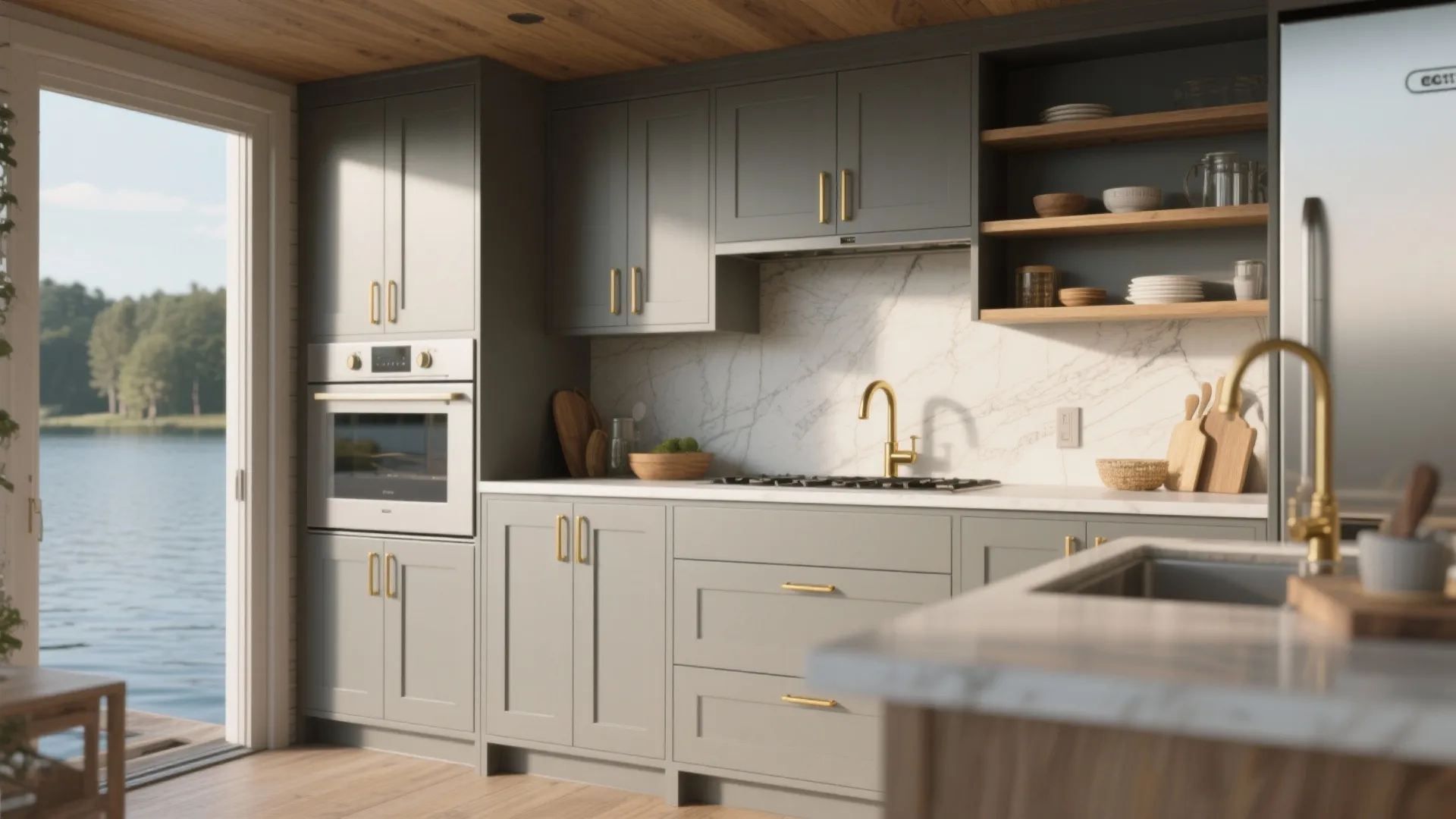 Grey kitchen cabinets with gold handles marble backsplash built in oven and view of lake