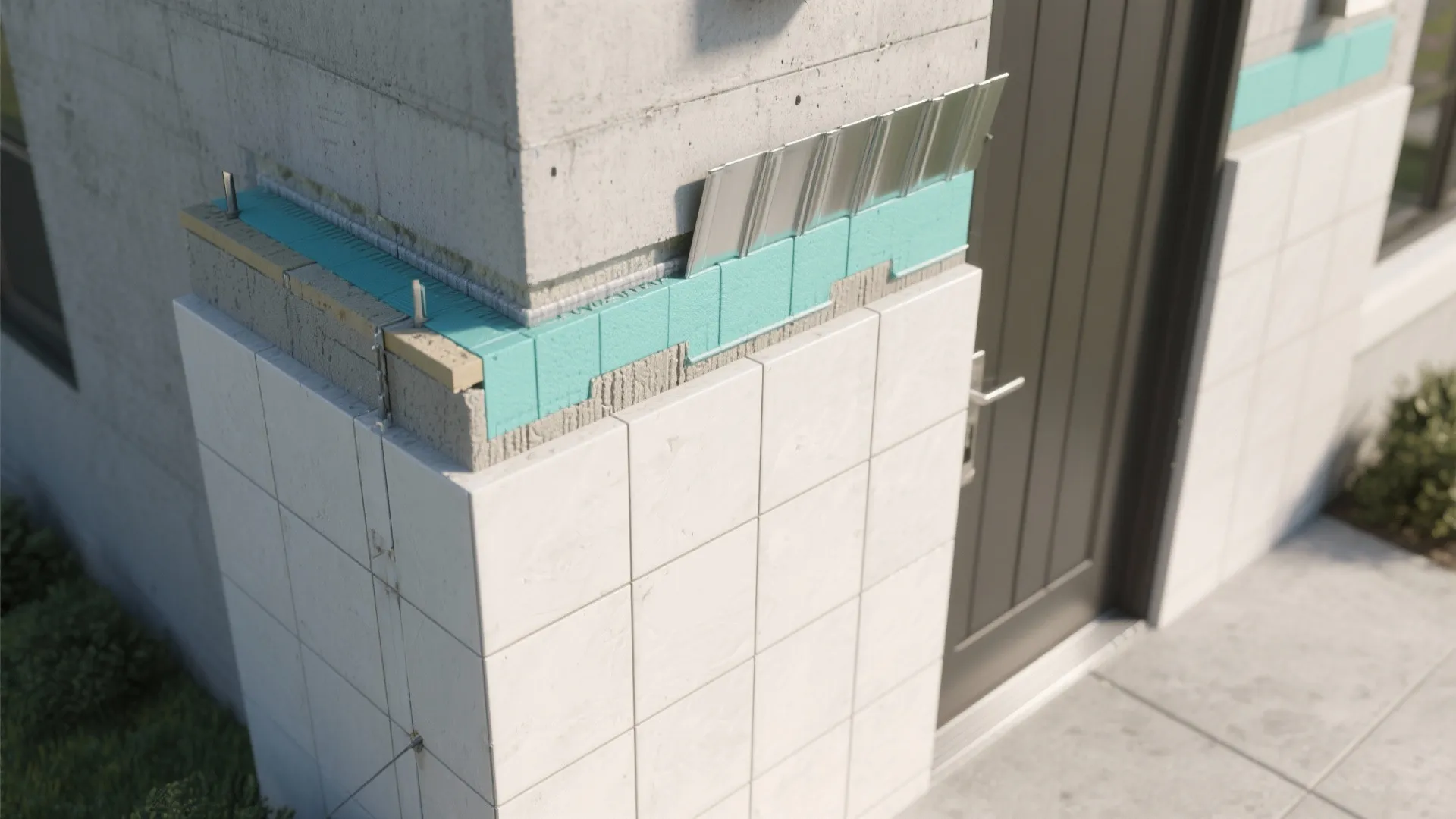 Close up of exterior wall showing white tiles blue insulation layer and concrete corner construction detail