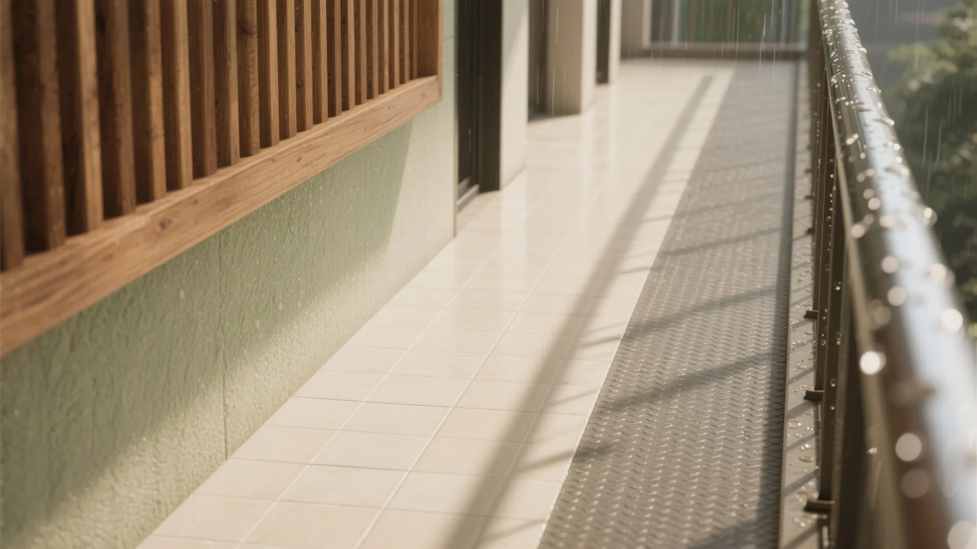 Close up of balcony floor tiles and wooden wall panels during rain with metal railing details