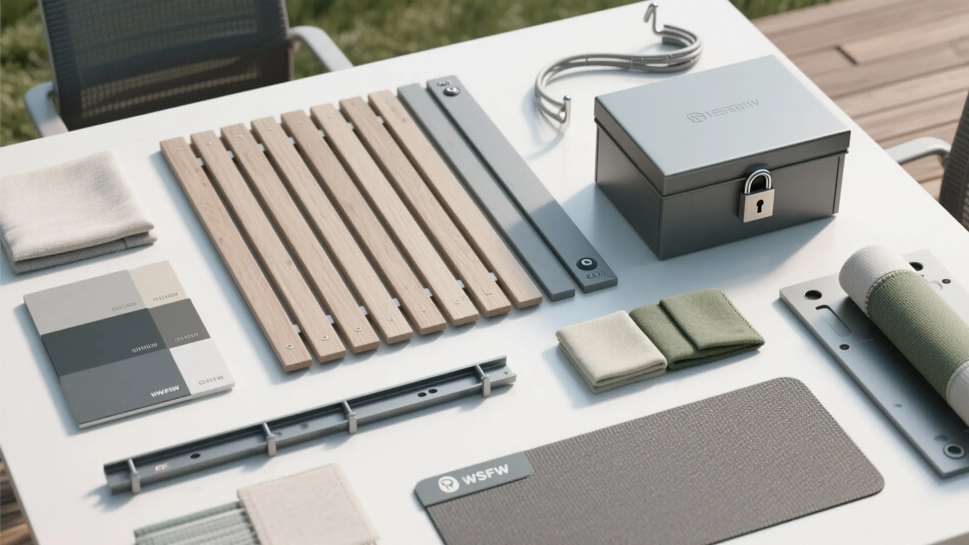 Flat lay of powder‑coated metal, marine‑grade fabrics, slatted wood, hooks, and gaskets