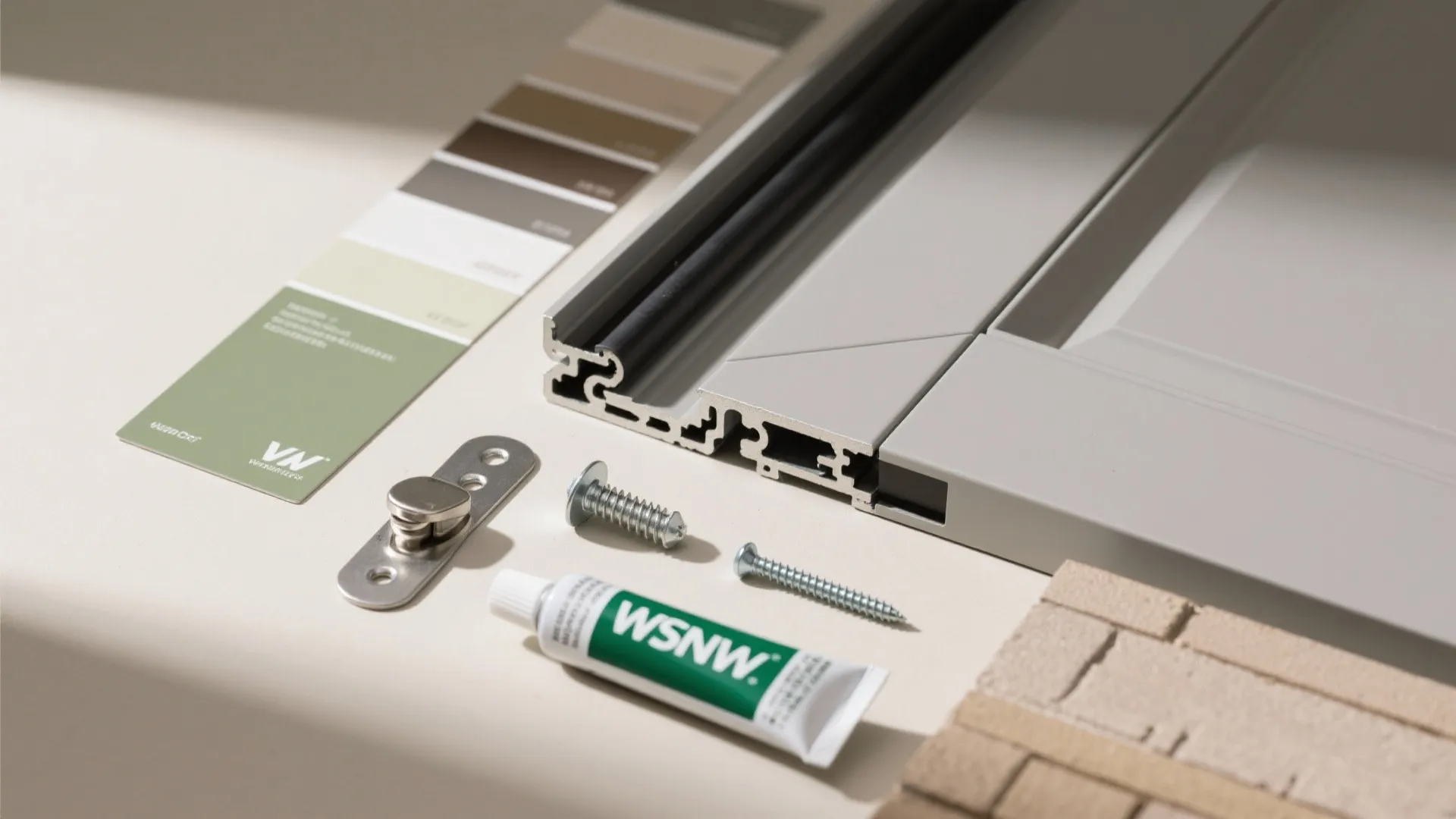 Flat-lay of powder-coated metal, UV resin, gaskets, stainless anchors, compression latch, and sealant.