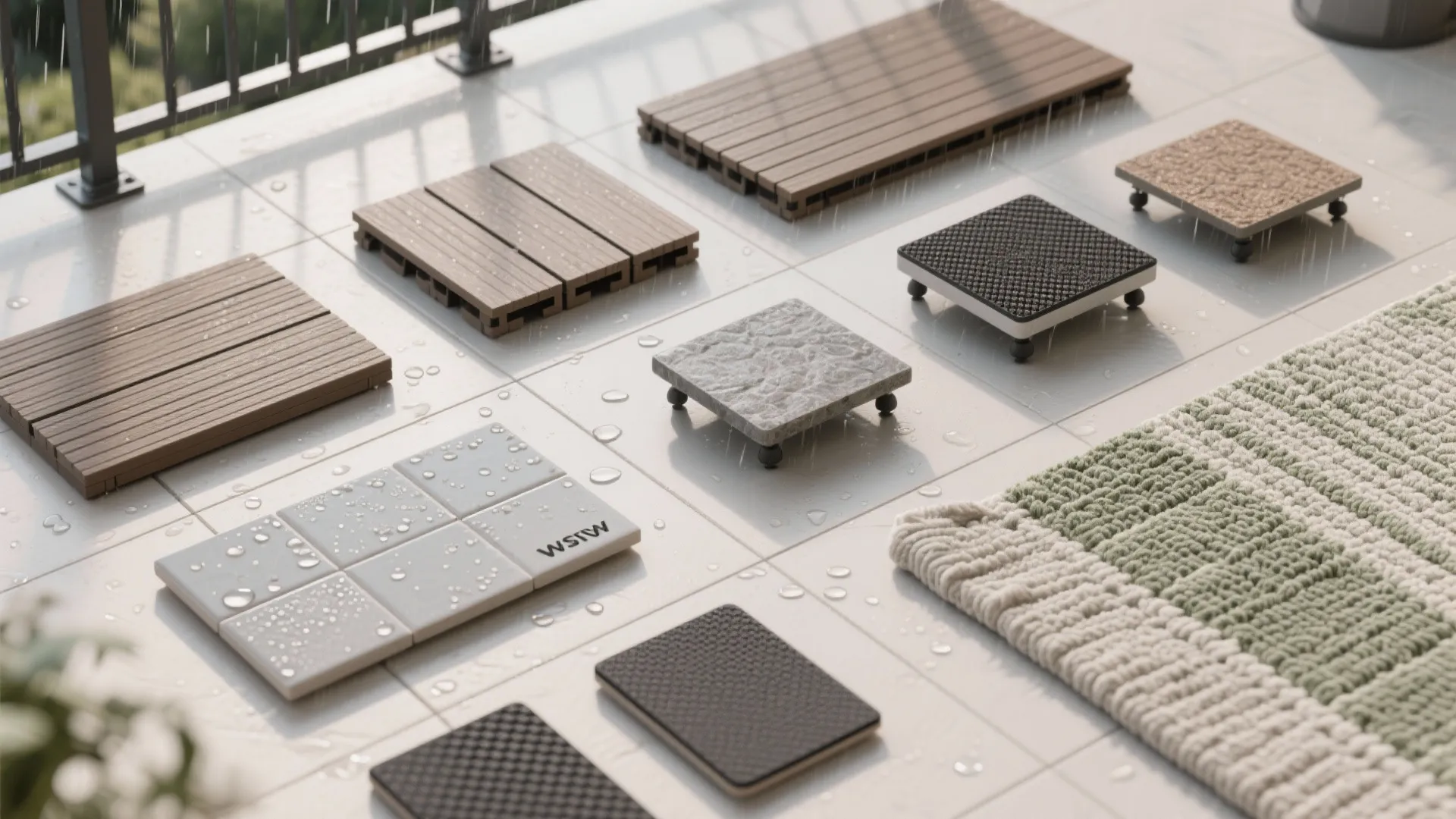 Various outdoor flooring samples including wood decking and stone tiles on a rainy balcony floor