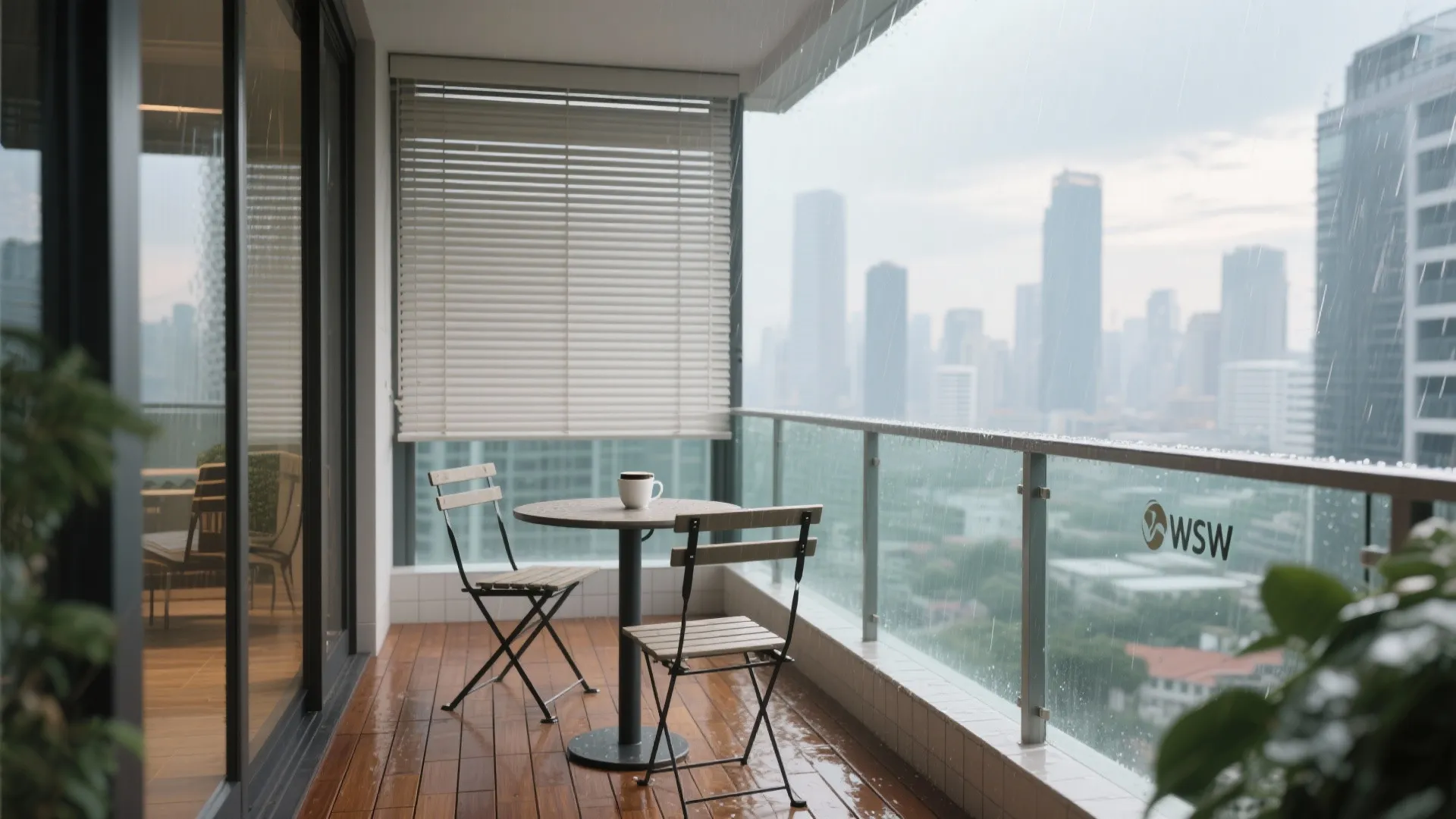 Rainy city balcony view with a small round table two chairs and white window blinds