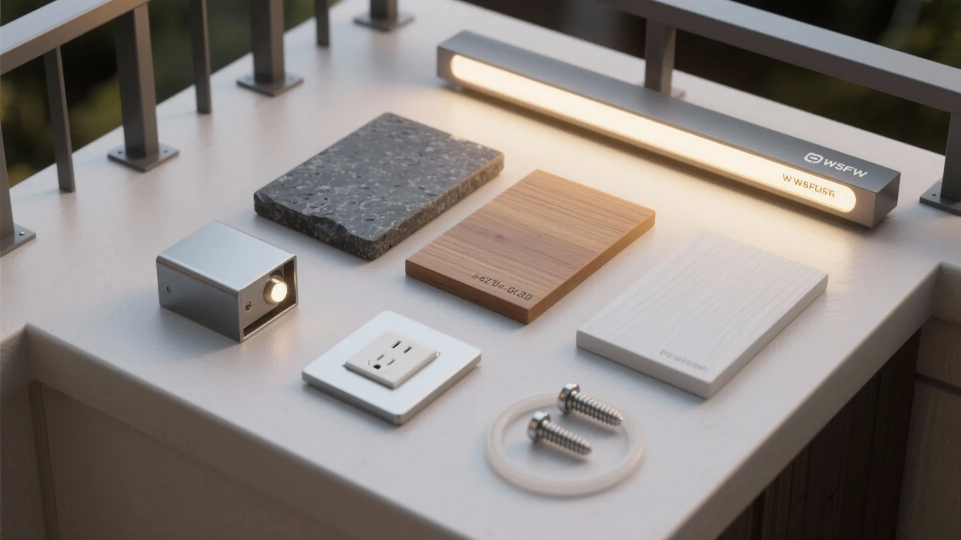 Collection of interior design materials including wood stone light fixture power outlet and metal screws