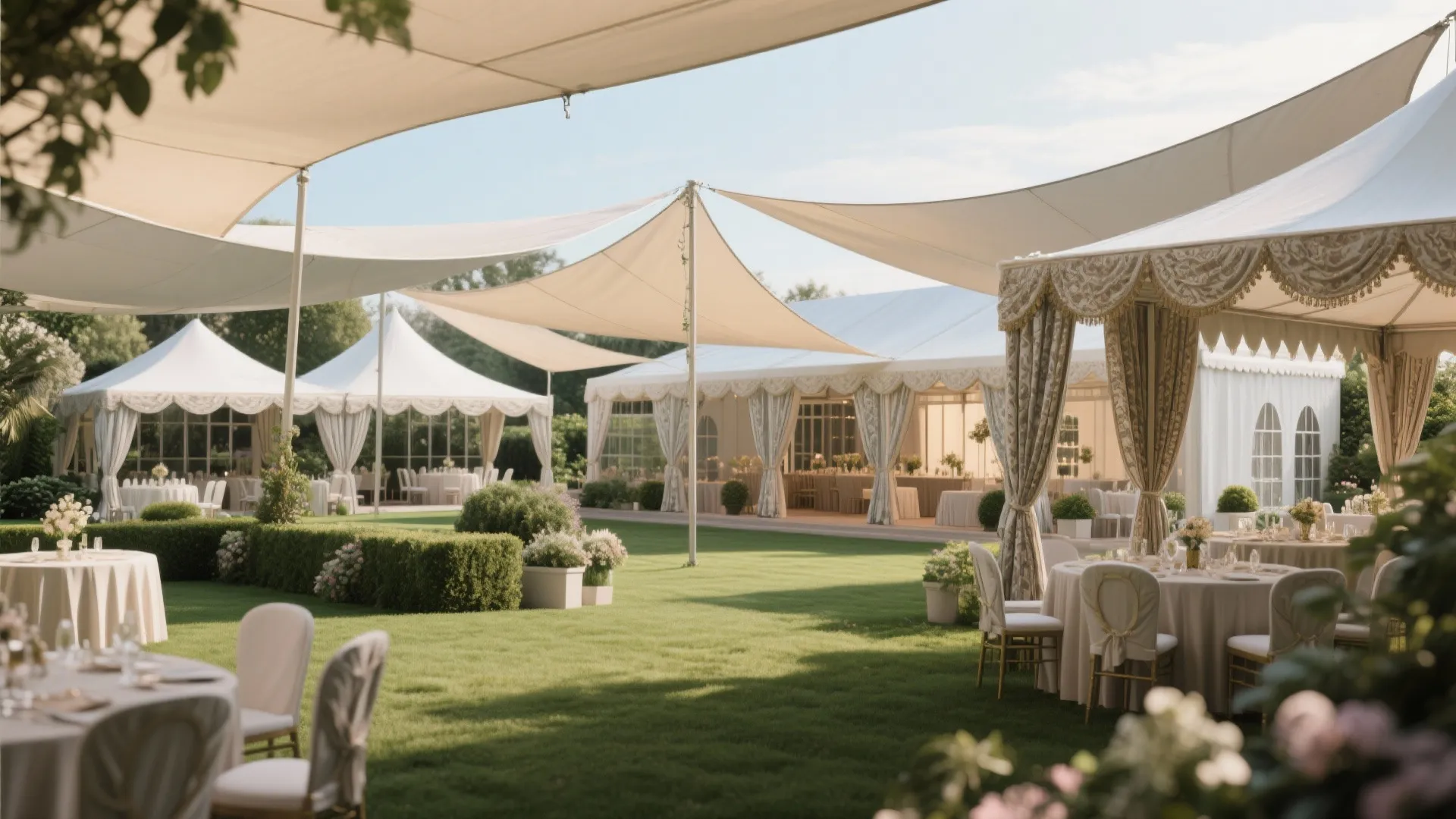 Outdoor garden event setup with large white tents dining tables chairs and green grass sunlight
