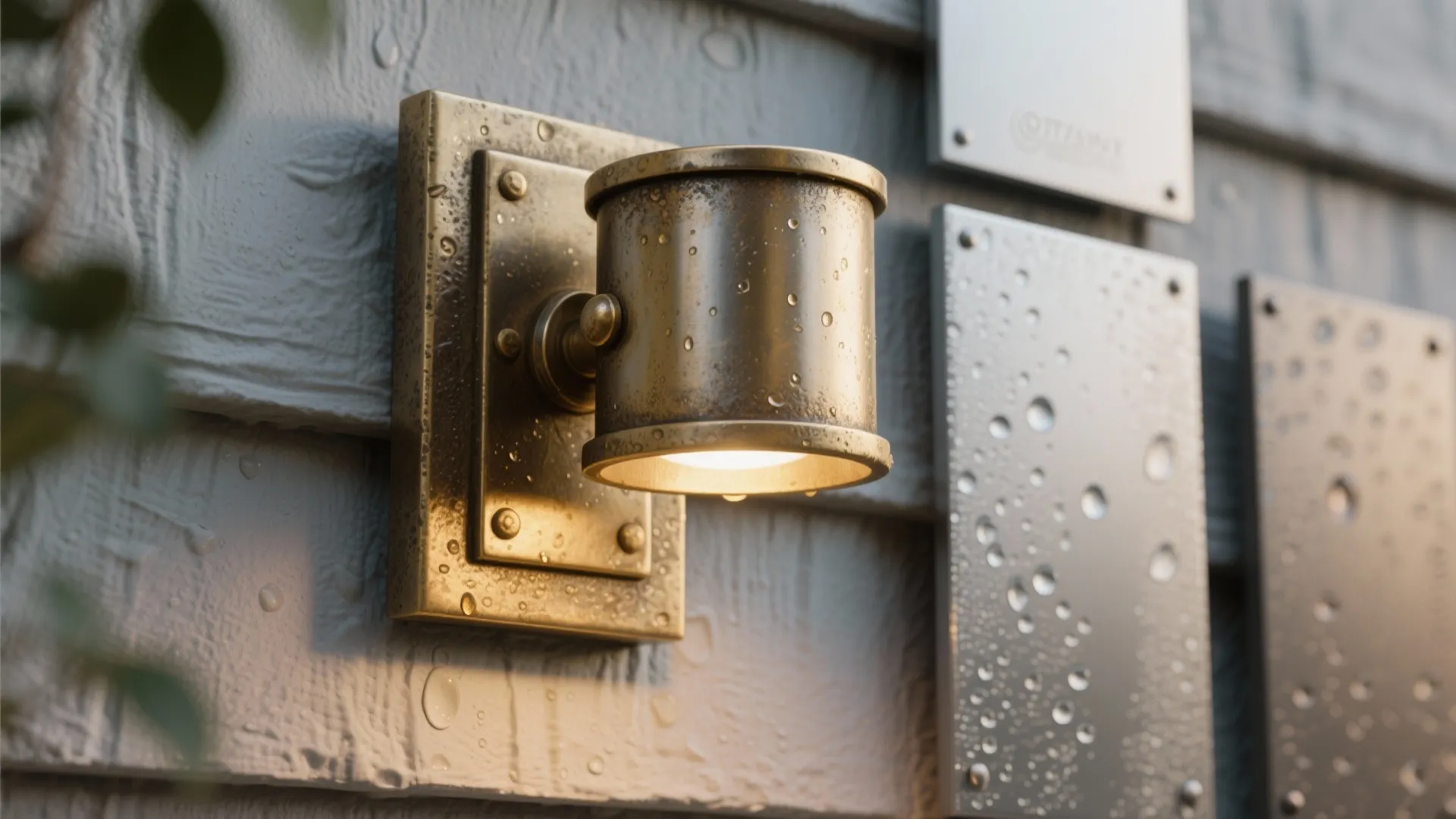 Close-up of brass, marine-grade stainless and powder-coated aluminum samples for outdoor fixtures with water droplets