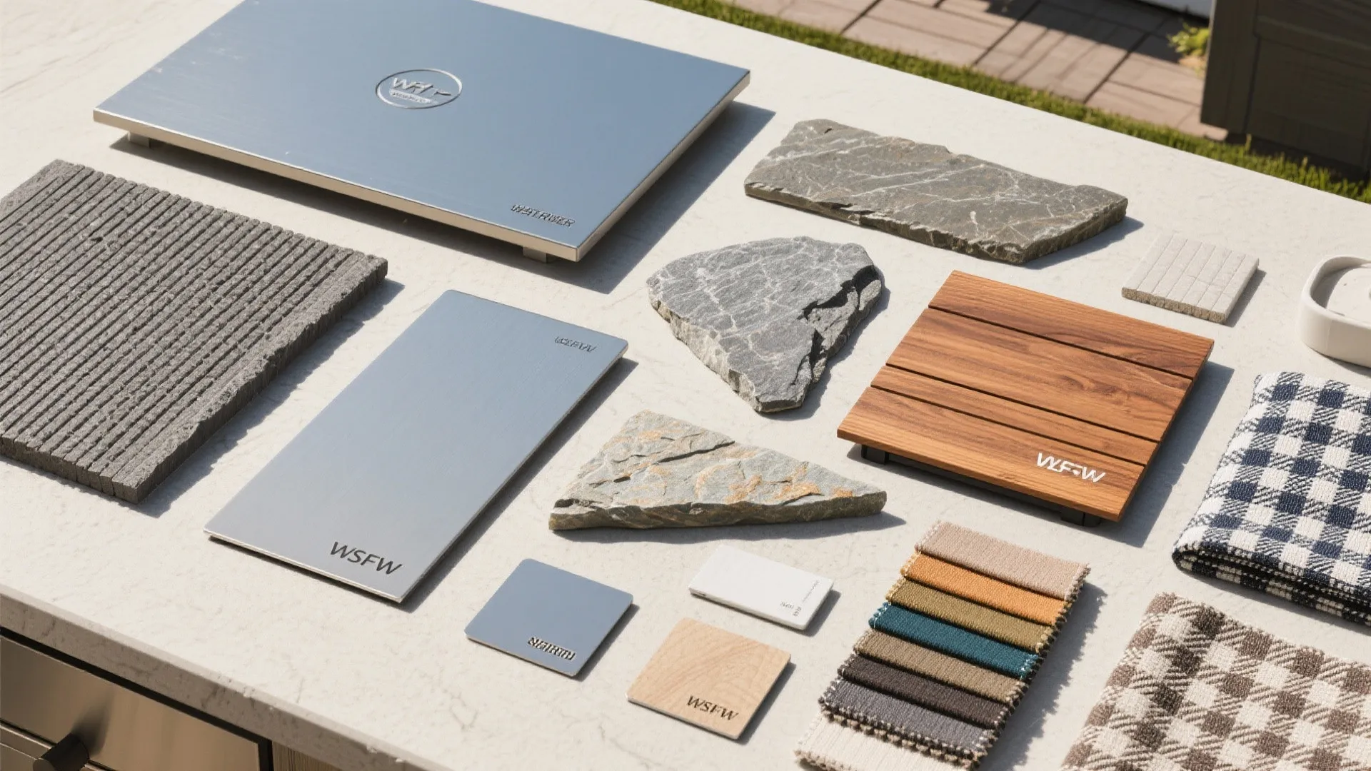 Flat lay of steel, stone, and treated wood for outdoor kitchens