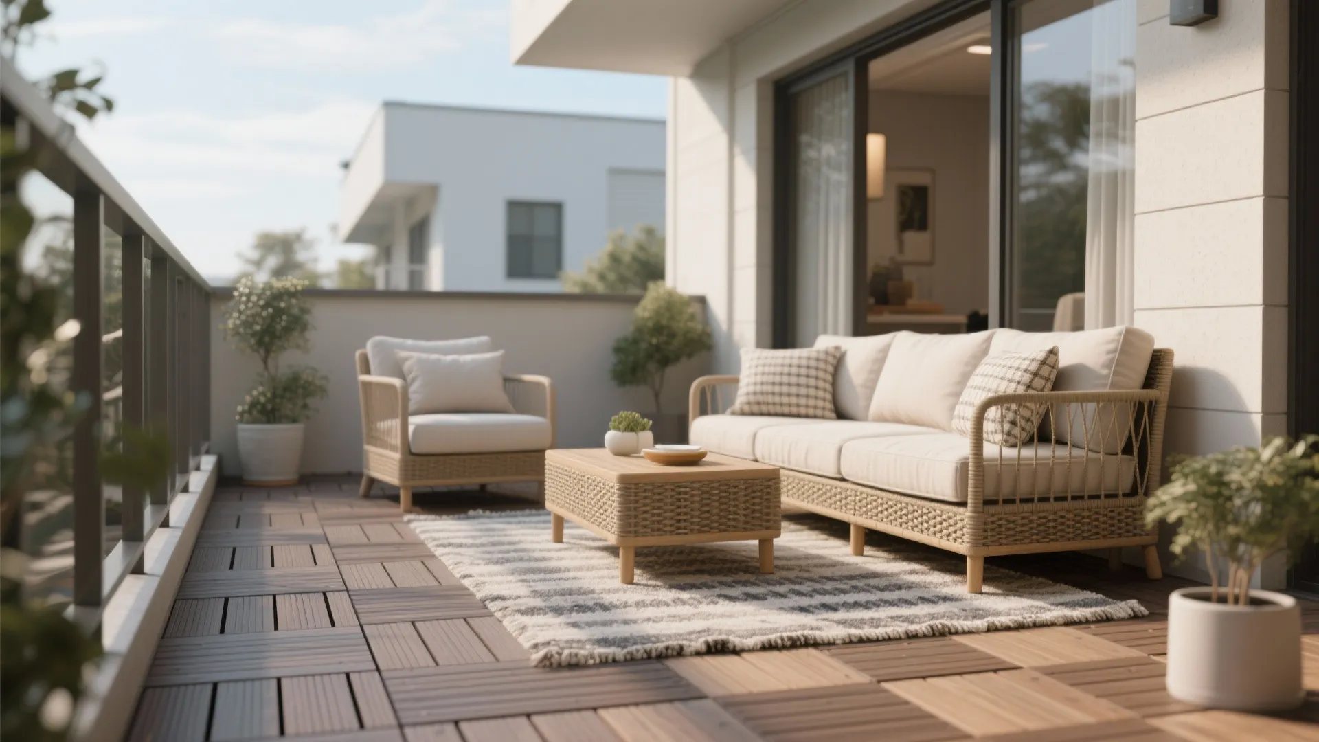 Back balcony with composite deck tiles, quick-dry rug, removable cushions, and risers under furniture.