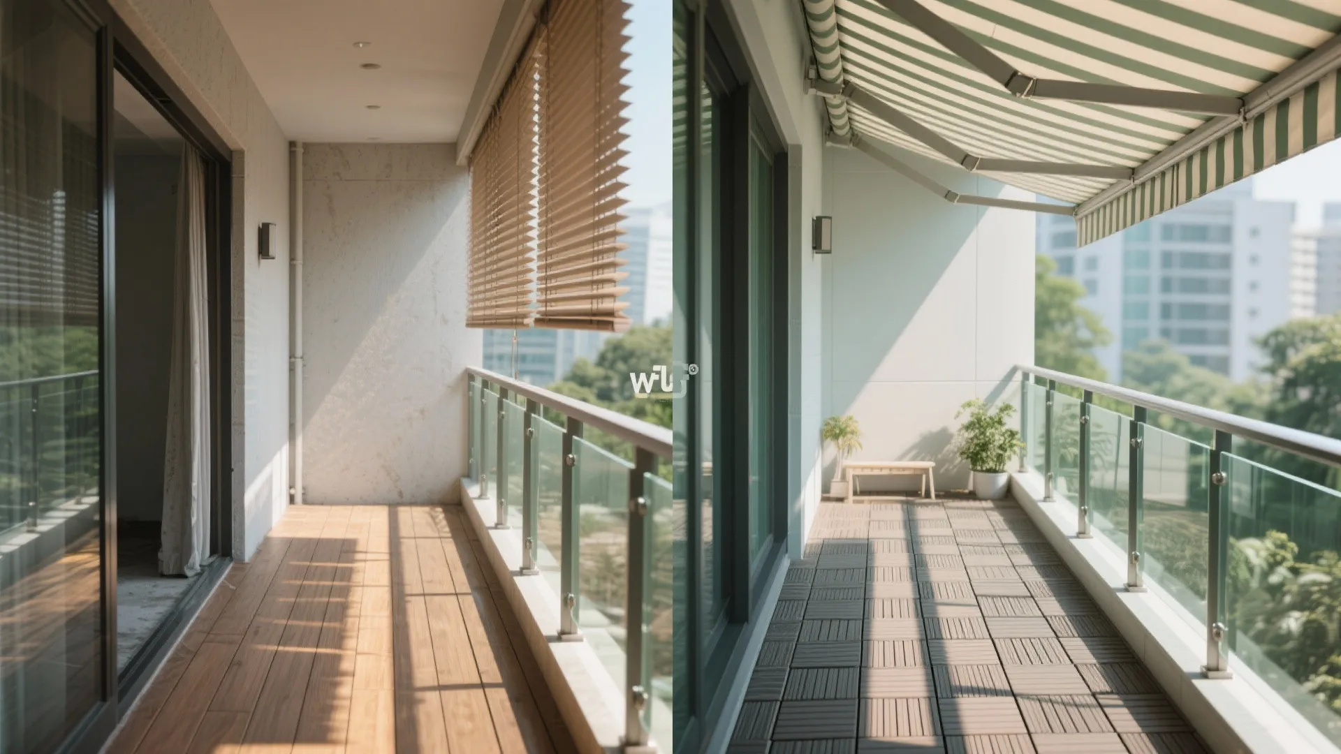 Before and after comparison of balcony showing new floor tiles and a striped outdoor awning