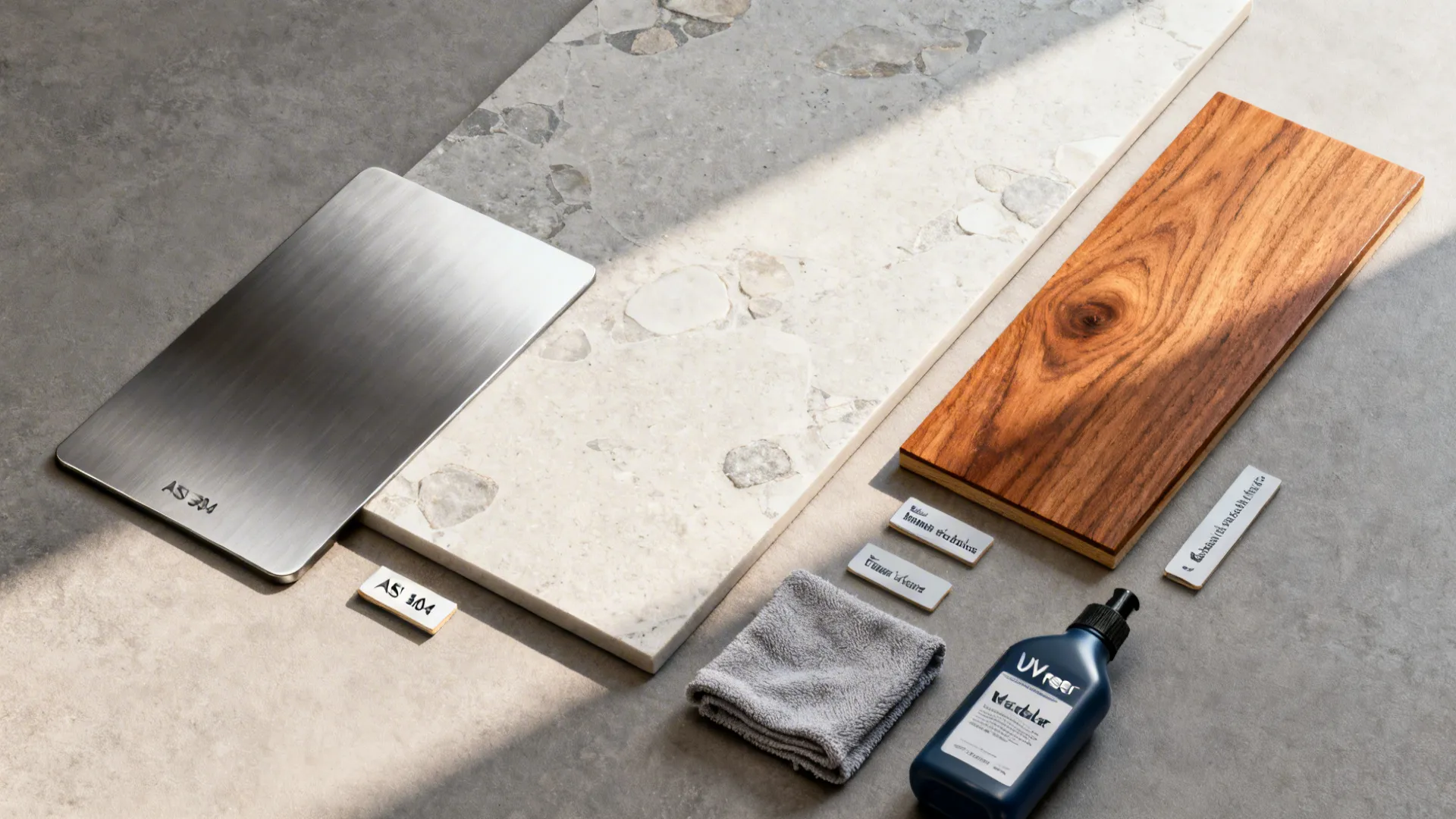 Flat lay of brushed stainless, porcelain slab, and sealed timber samples for balcony kitchens.