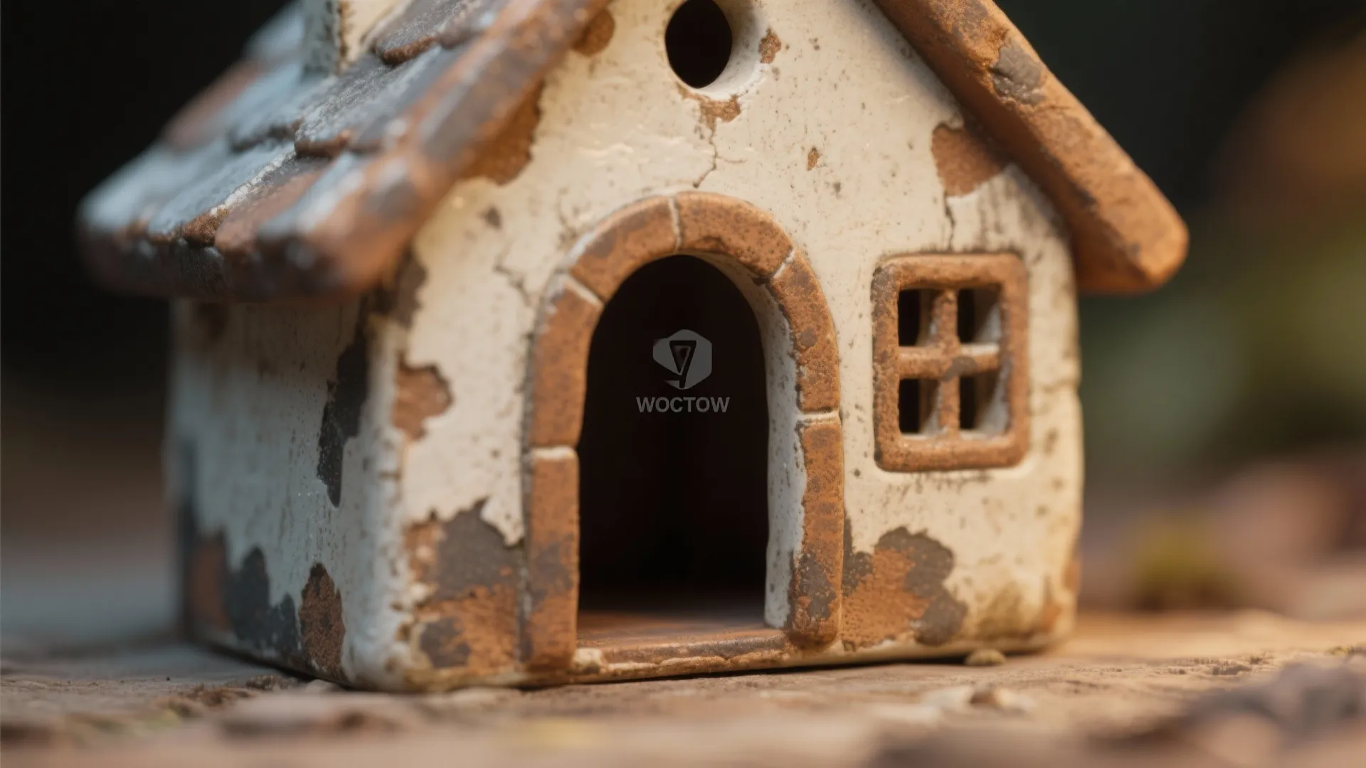 Close up of a weathered ceramic house model with white peeling paint and brown texture
