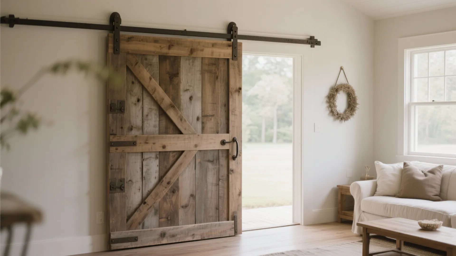 Sliding weathered wood barn door in farmhouse interior