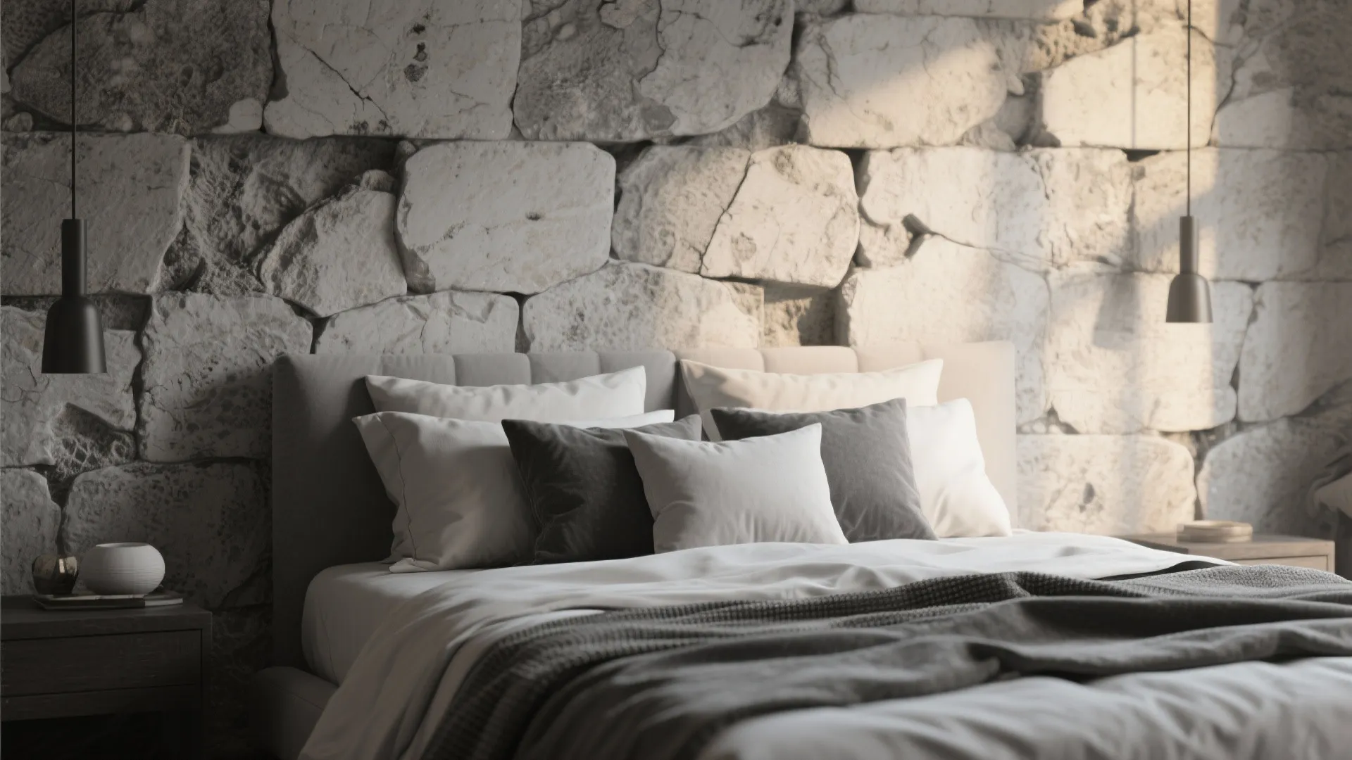 4. Weathered Limestone in Monochrome Bedrooms