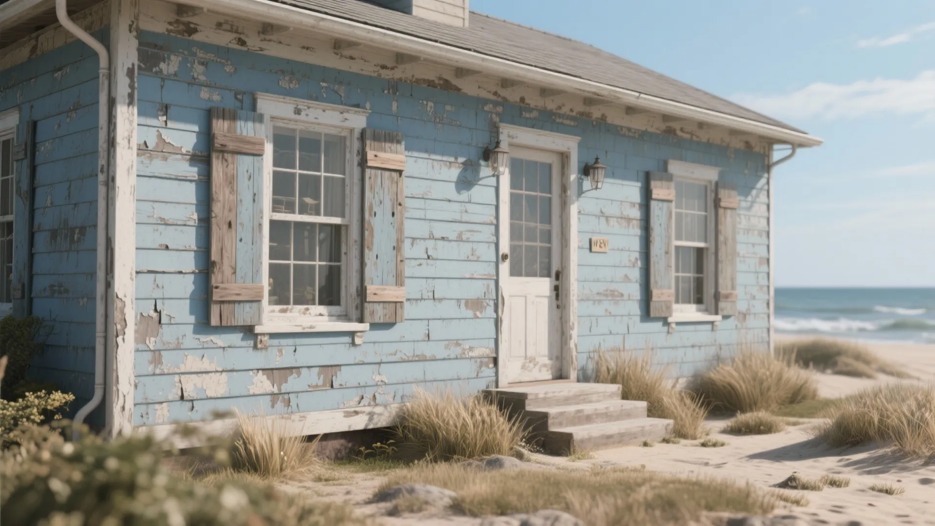 Weathered blue wooden beach house with peeling paint window shutters and an ocean view background