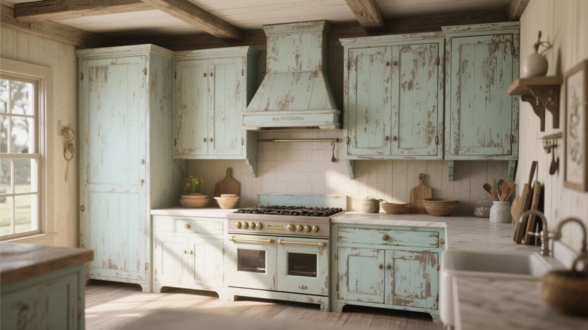 Rustic painted cabinets with weathered pastel finish