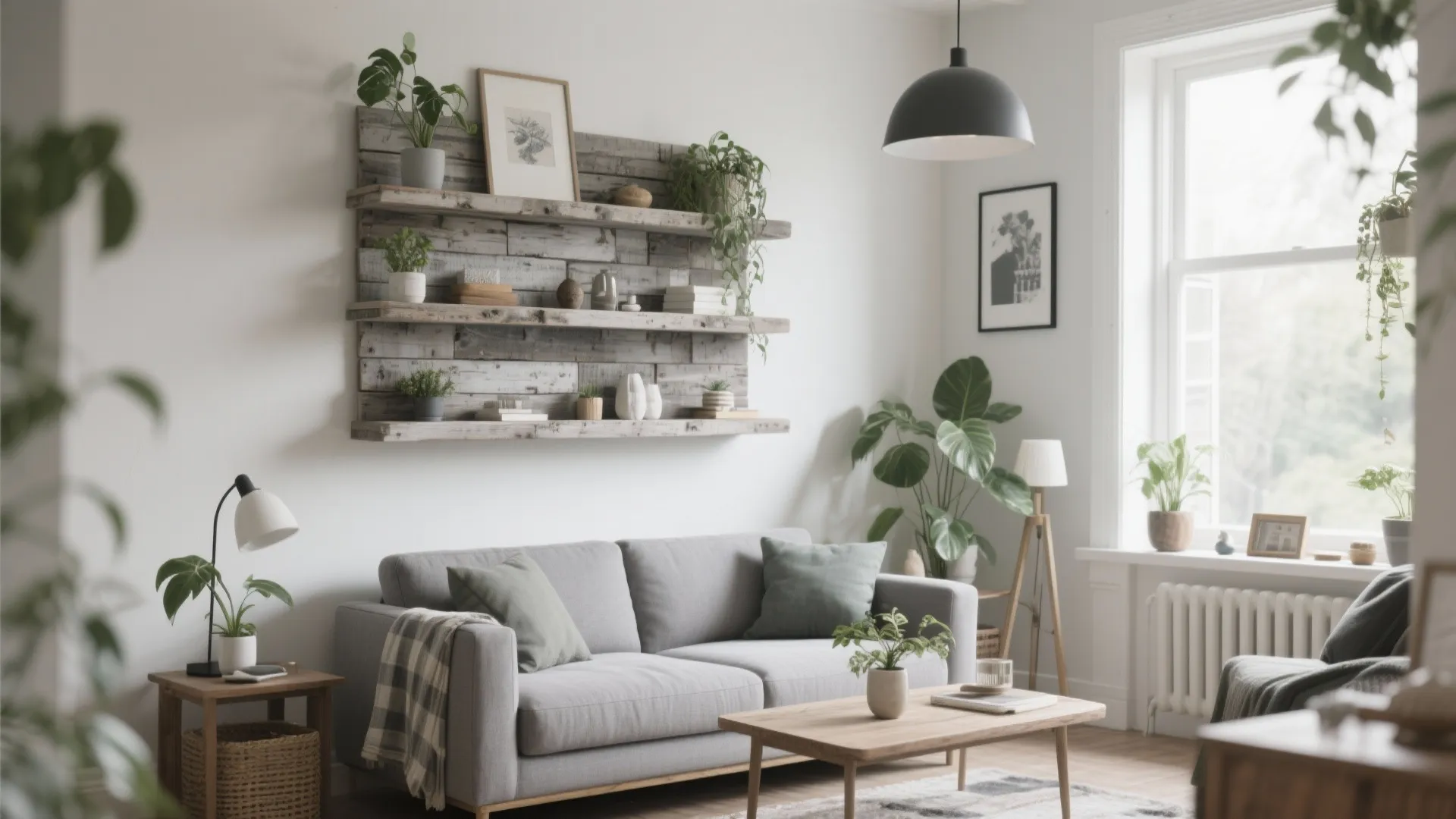 Bright living room with gray sofa wooden shelves ceiling light and green plants by window