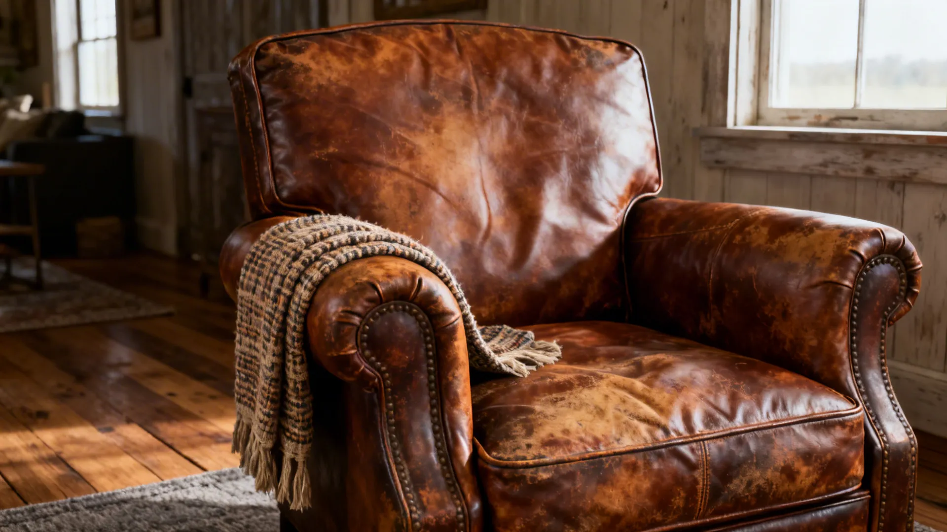 Weathered leather club chair with woven throw showing natural patina and texture in a farmhouse room.