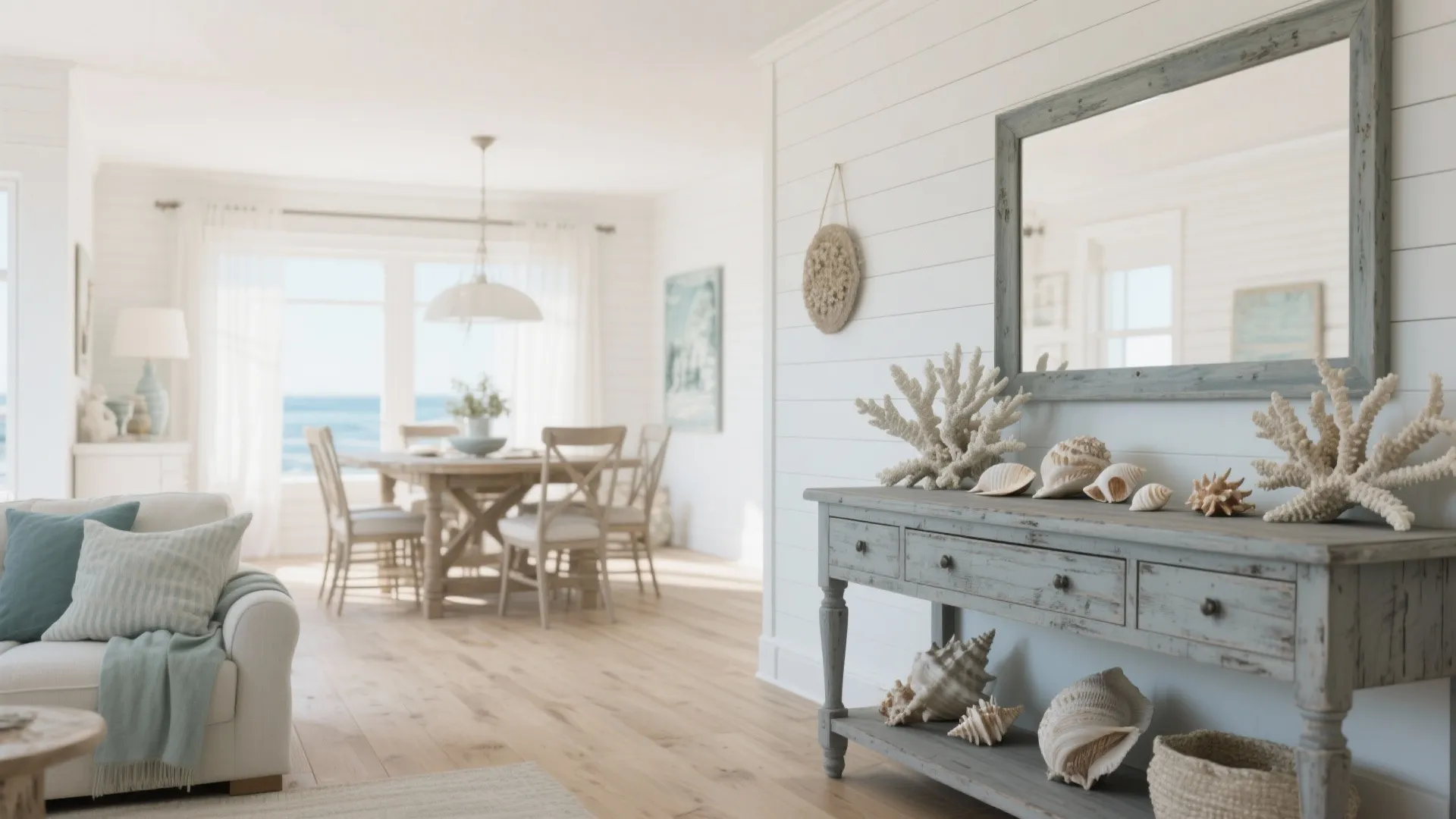 Coastal living room with grey cabinet holding seashells and a mirror on white wall panels