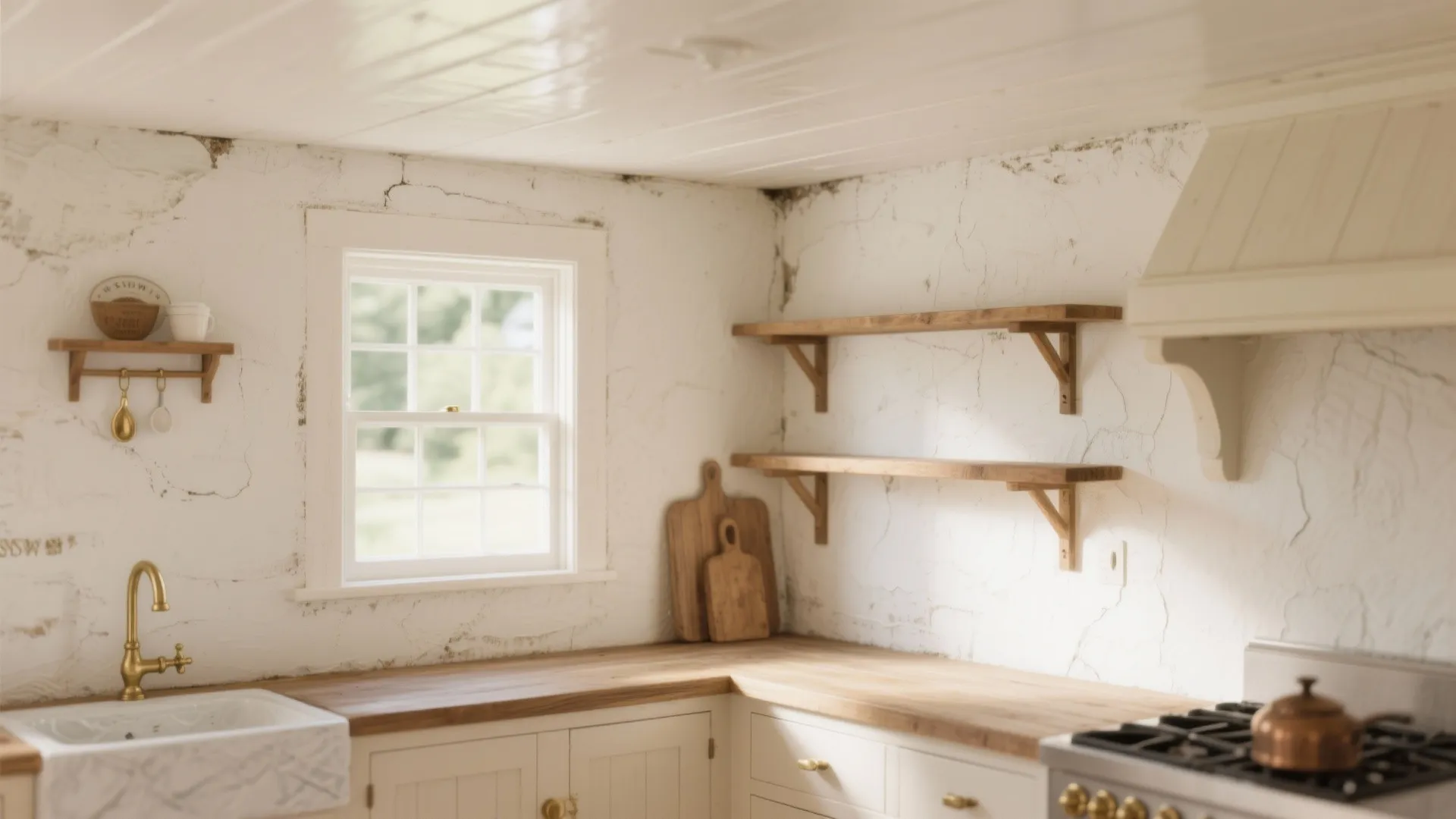 Country style kitchen with textured white walls wooden shelves brass faucet and marble sink basin