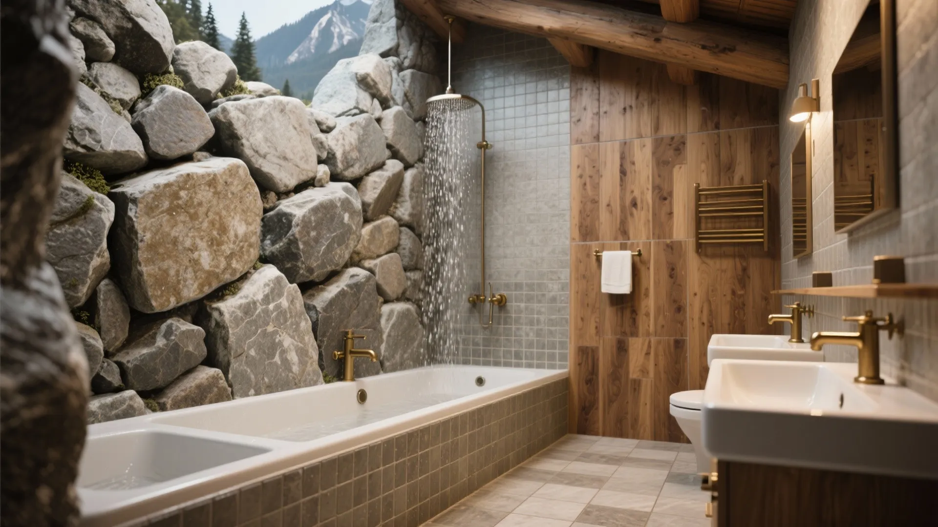Rustic bathroom with large stone wall wooden panels golden light fixtures bathtub and double sinks